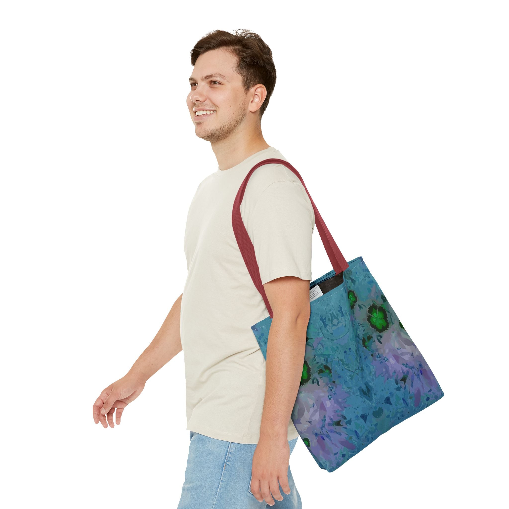 Abstract Blue-Green Art Tote Bag – All-Over Print Floral Kaleidoscope