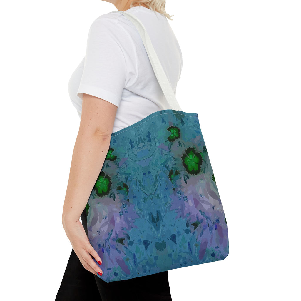 Abstract Blue-Green Art Tote Bag – All-Over Print Floral Kaleidoscope