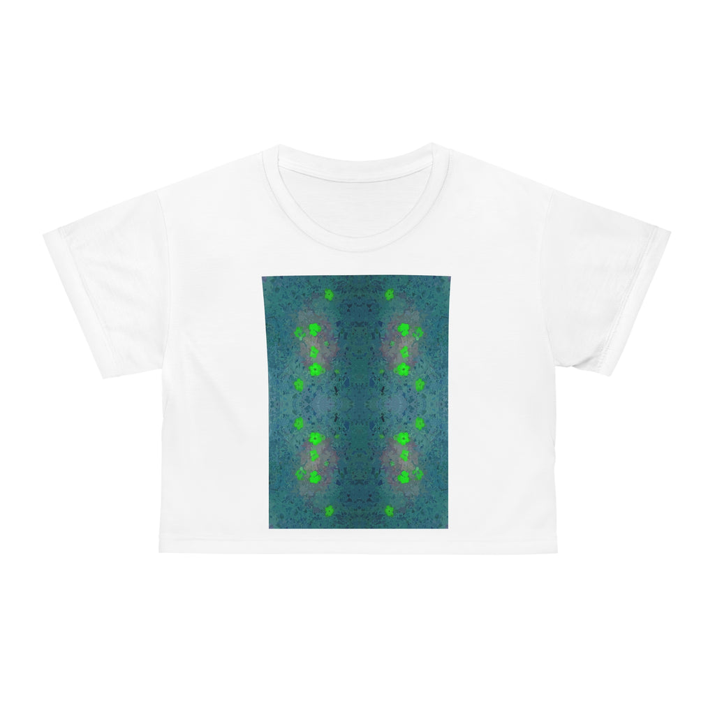 Green Mosaic Crop Tee — Symmetrical Floral Abstract Pattern