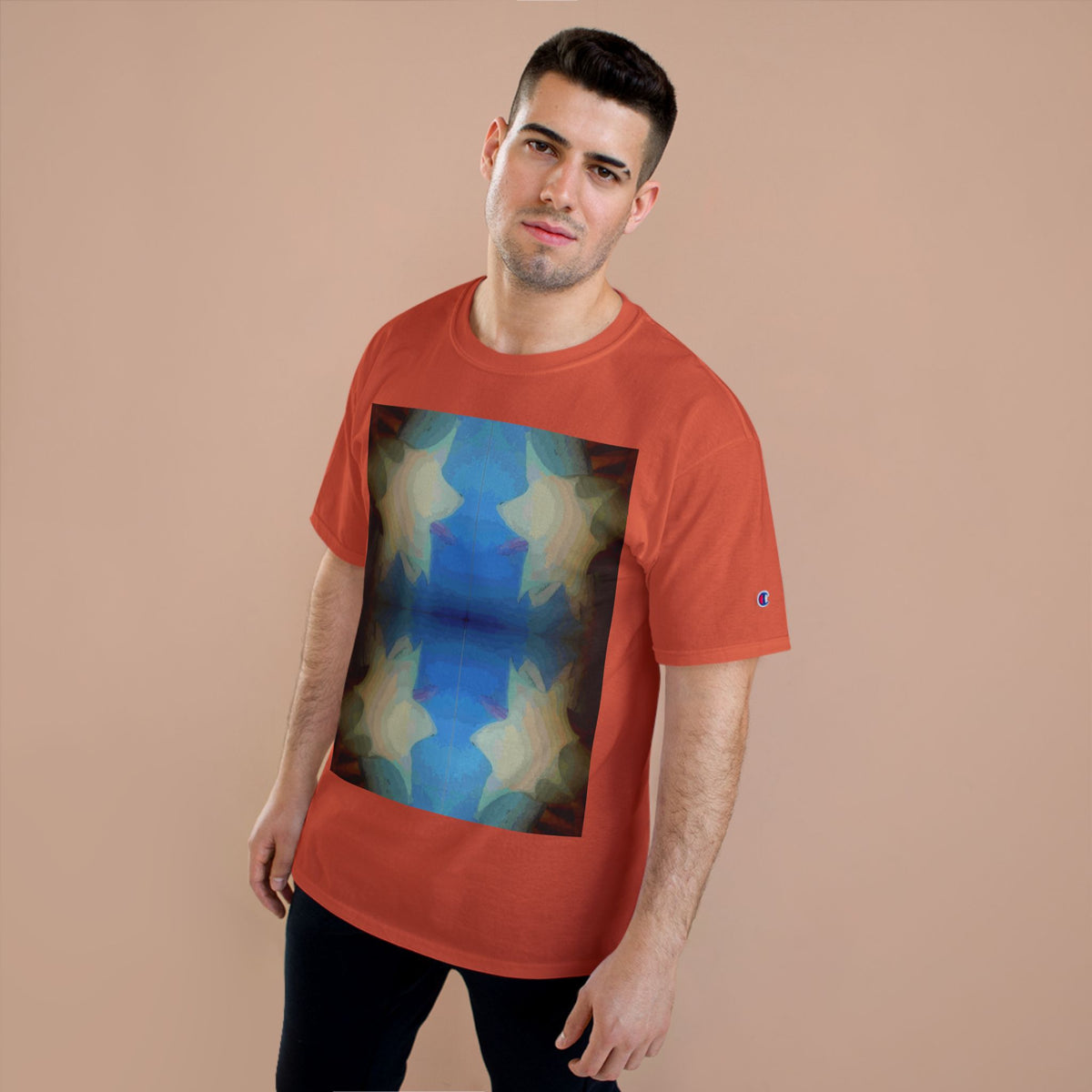 Abstract Blue Floral T-Shirt — Symmetrical Kaleidoscope Art Tee
