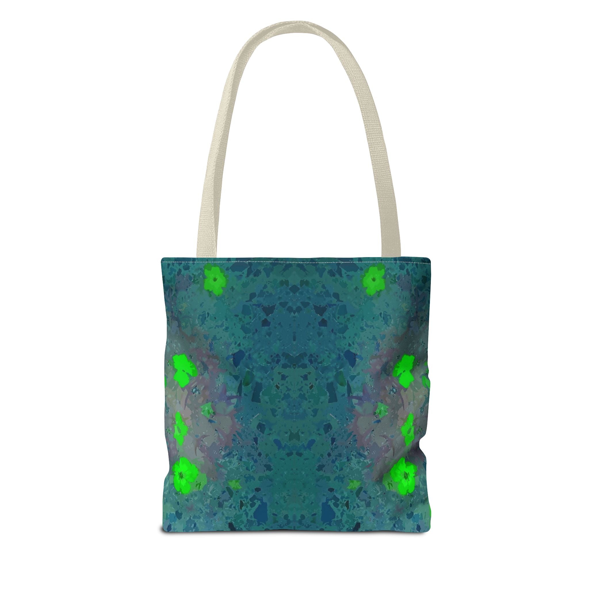 Teal Kaleidoscope Tote Bag — Abstract Green Floral All-Over Print