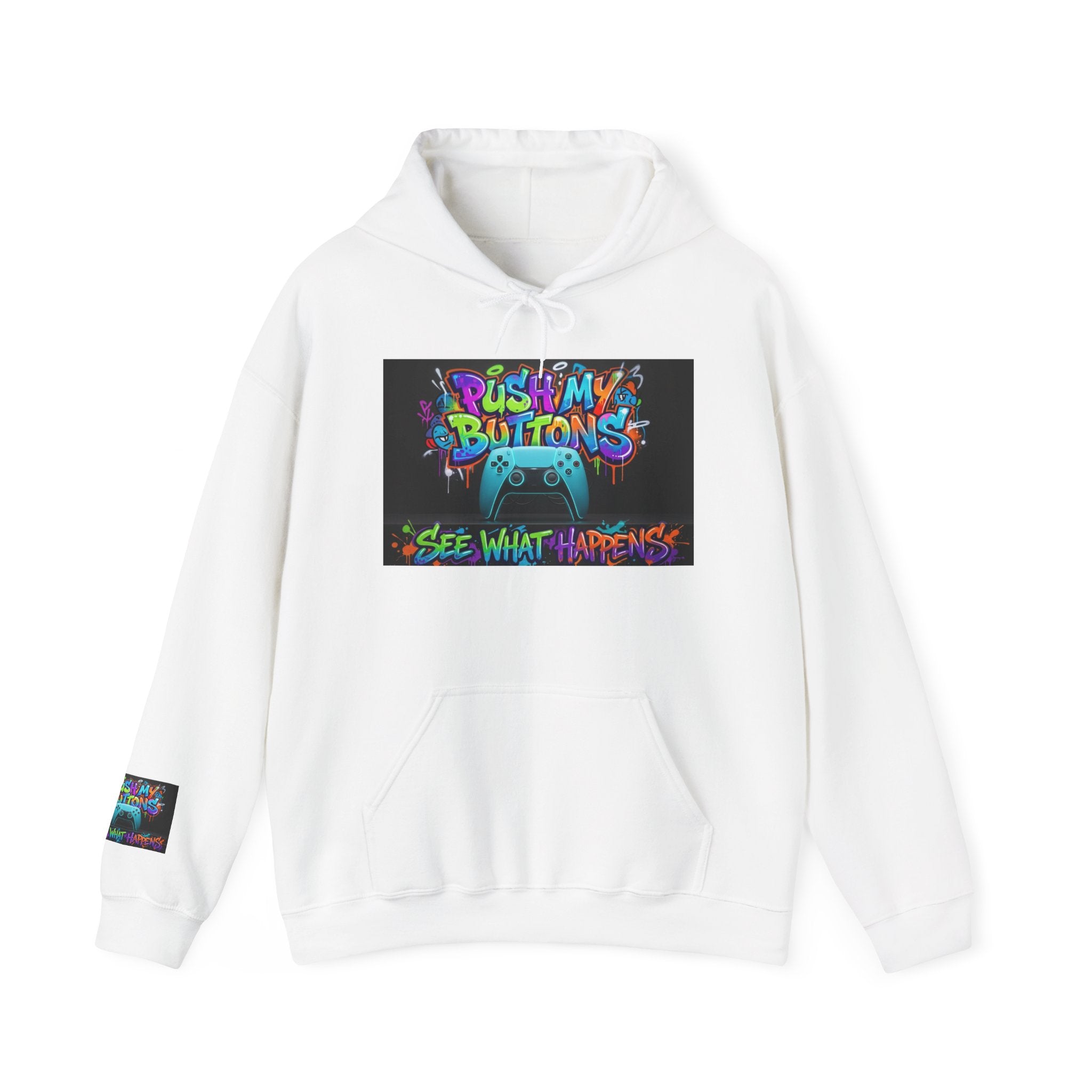 Gaming Hoodie — 'Push My Buttons' Colorful Controller Graphic