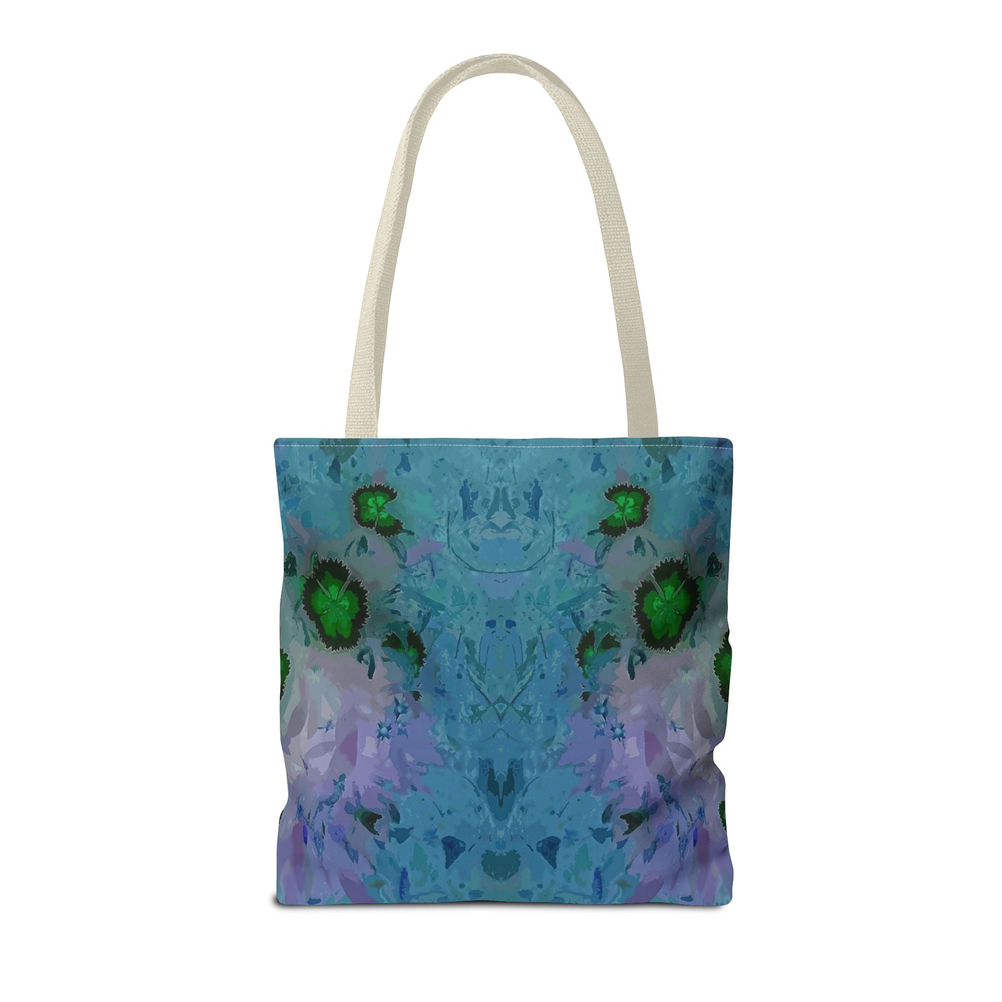 Abstract Blue-Green Art Tote Bag – All-Over Print Floral Kaleidoscope