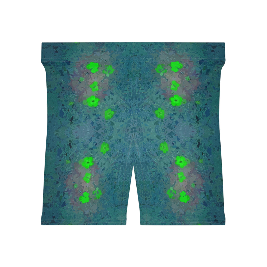 Floral Glow Biker Shorts — Green Neon Flower Pattern