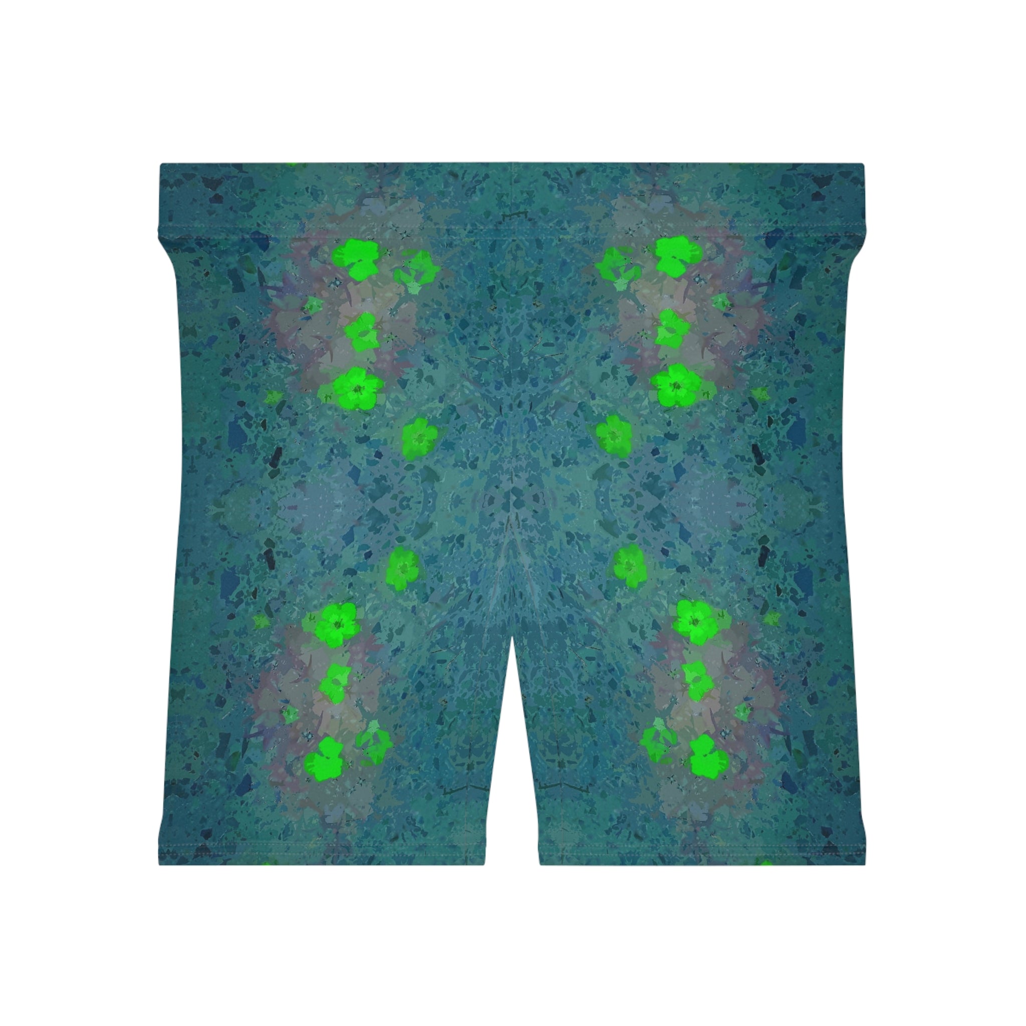 Floral Glow Biker Shorts — Green Neon Flower Pattern