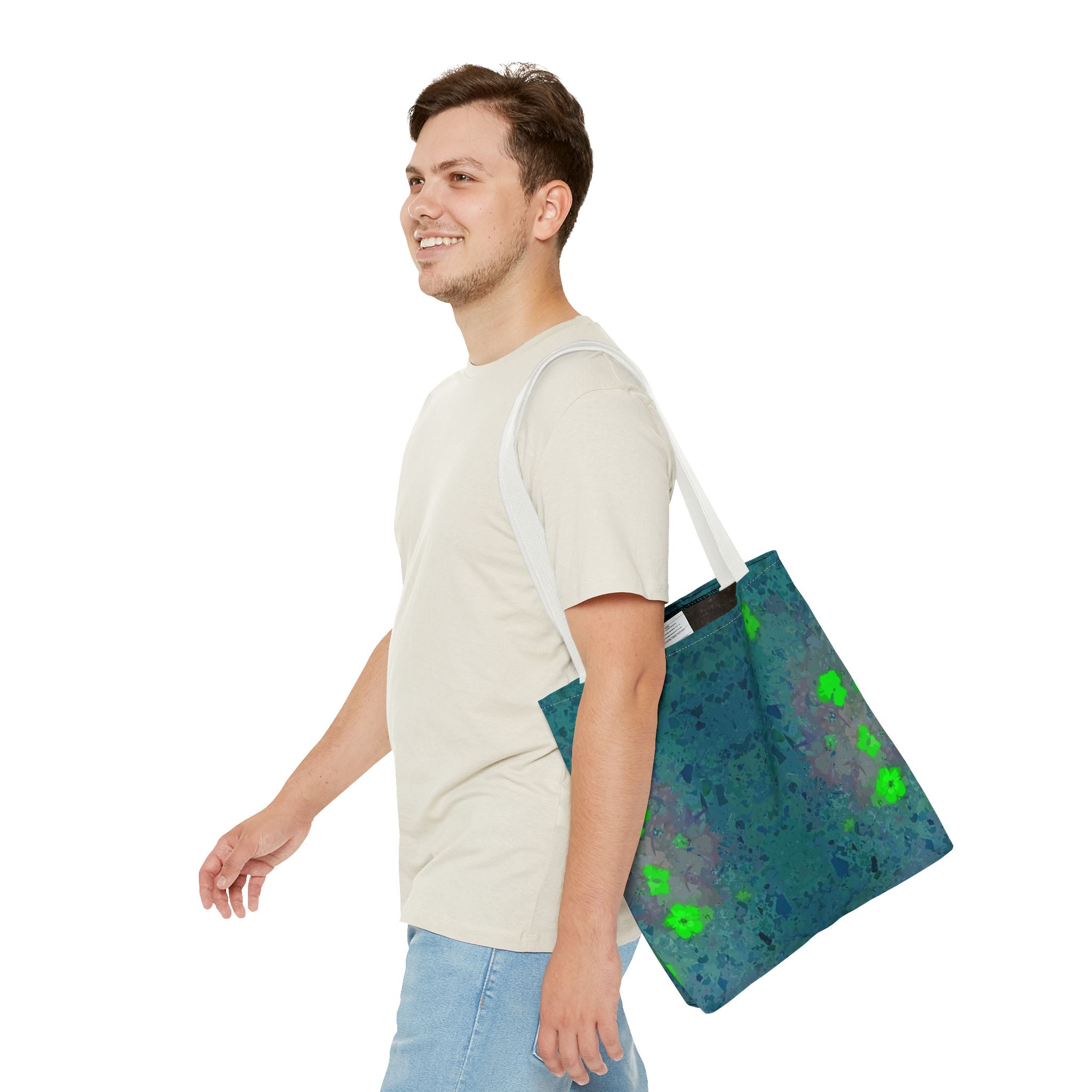 Teal Kaleidoscope Tote Bag — Abstract Green Floral All-Over Print