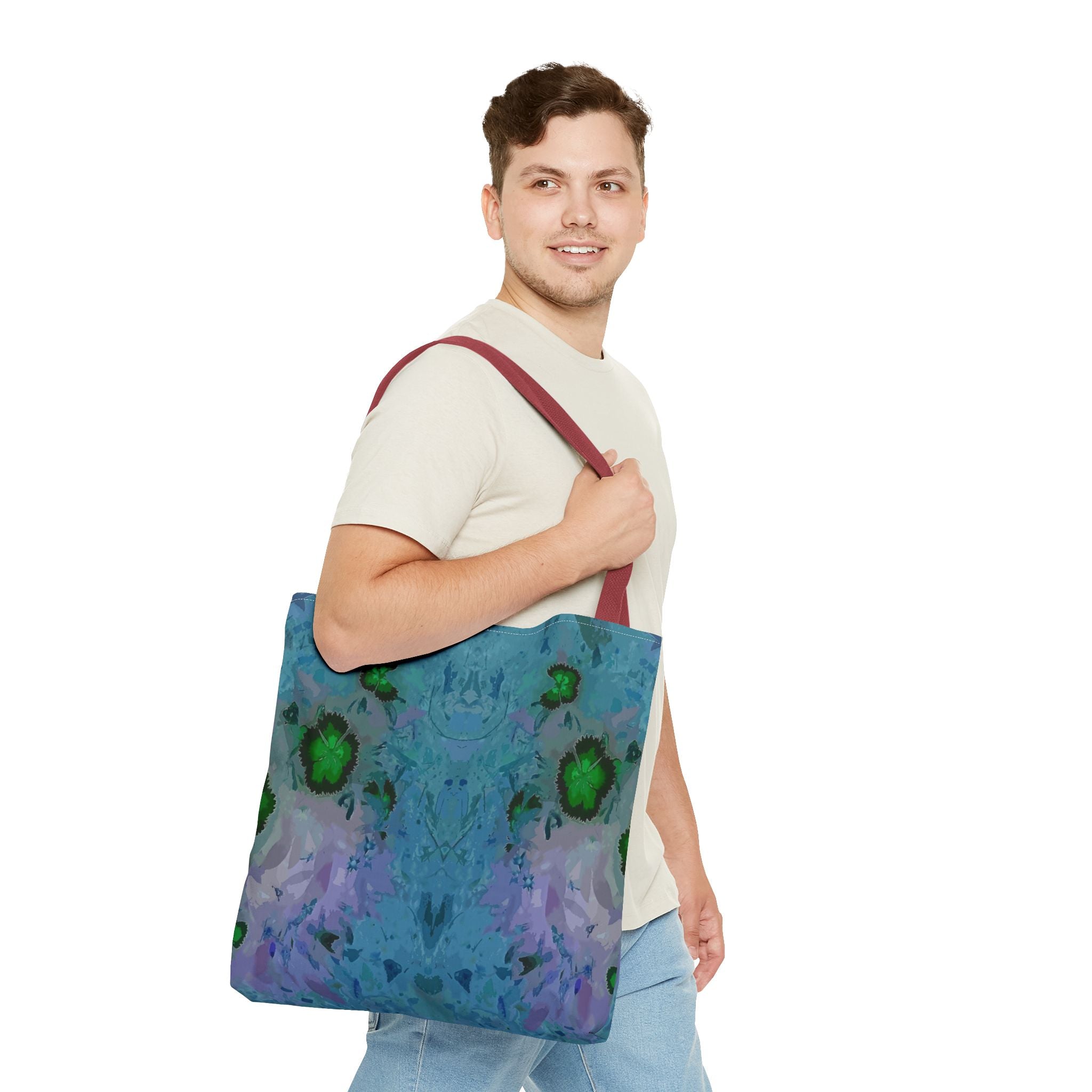 Abstract Blue-Green Art Tote Bag – All-Over Print Floral Kaleidoscope