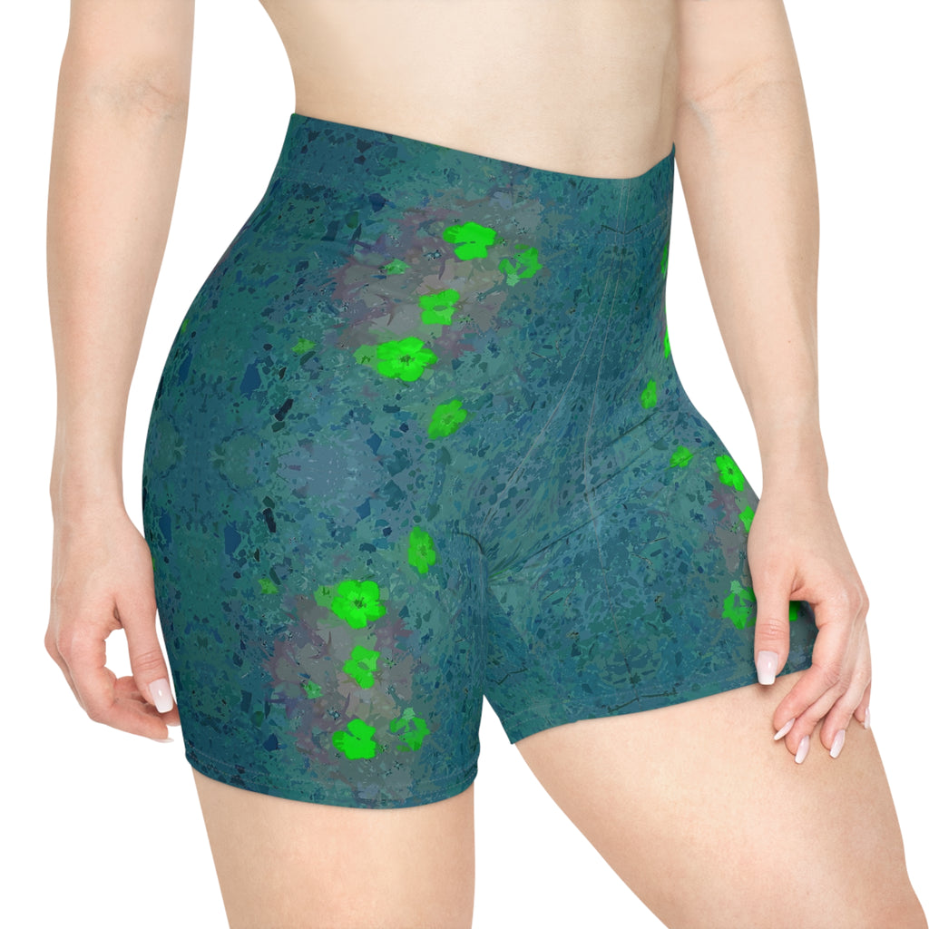 Floral Glow Biker Shorts — Green Neon Flower Pattern
