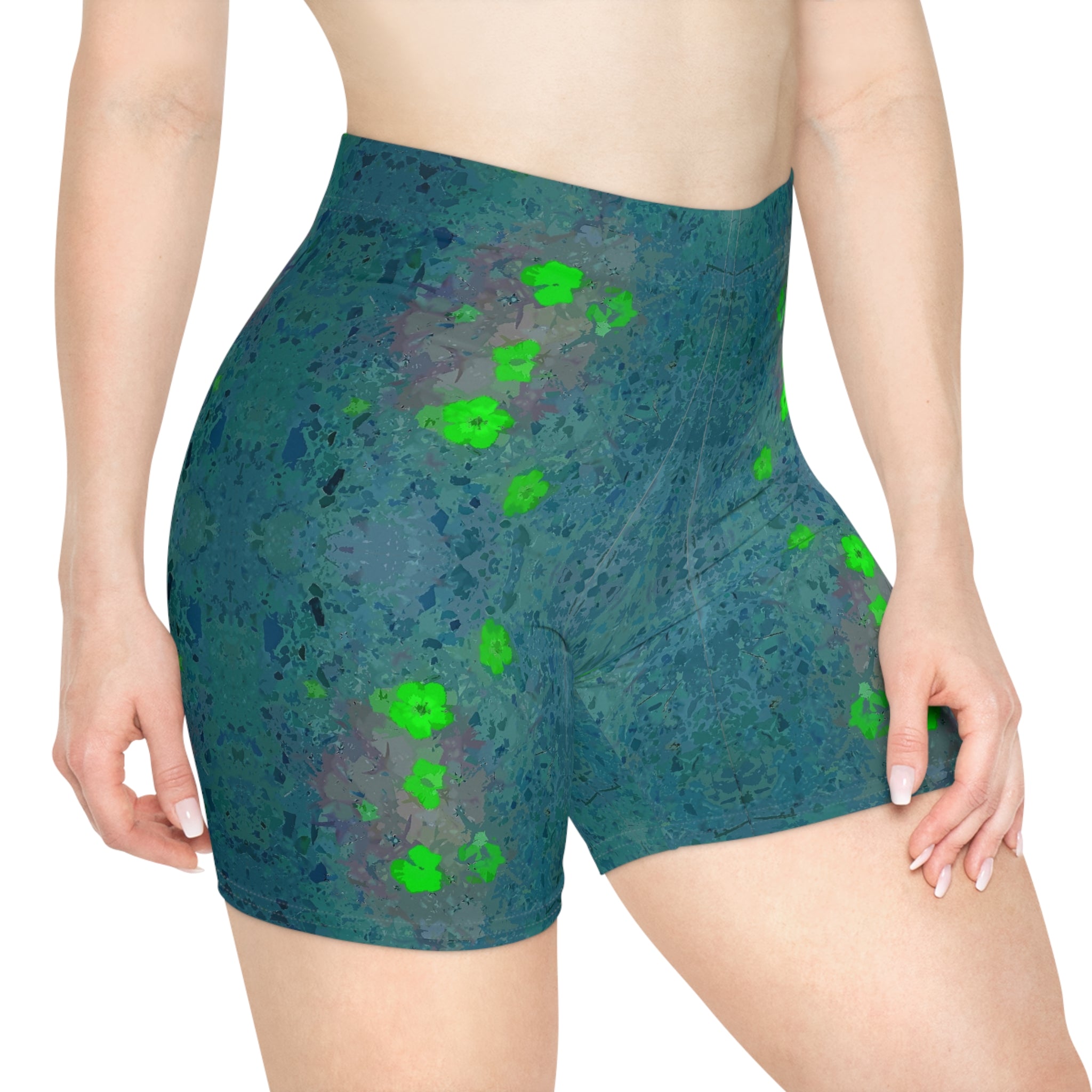 Floral Glow Biker Shorts — Green Neon Flower Pattern