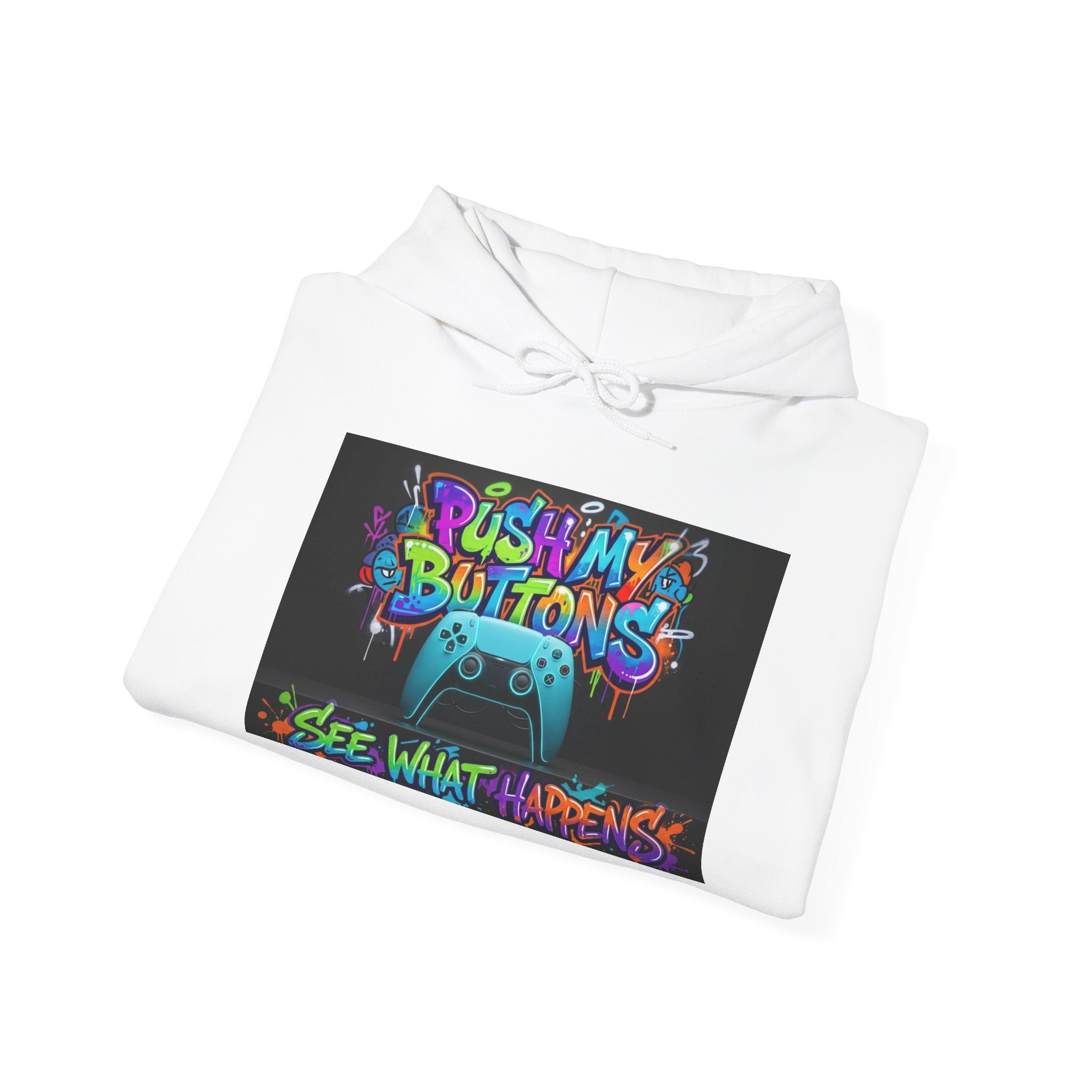 Gaming Hoodie — 'Push My Buttons' Colorful Controller Graphic