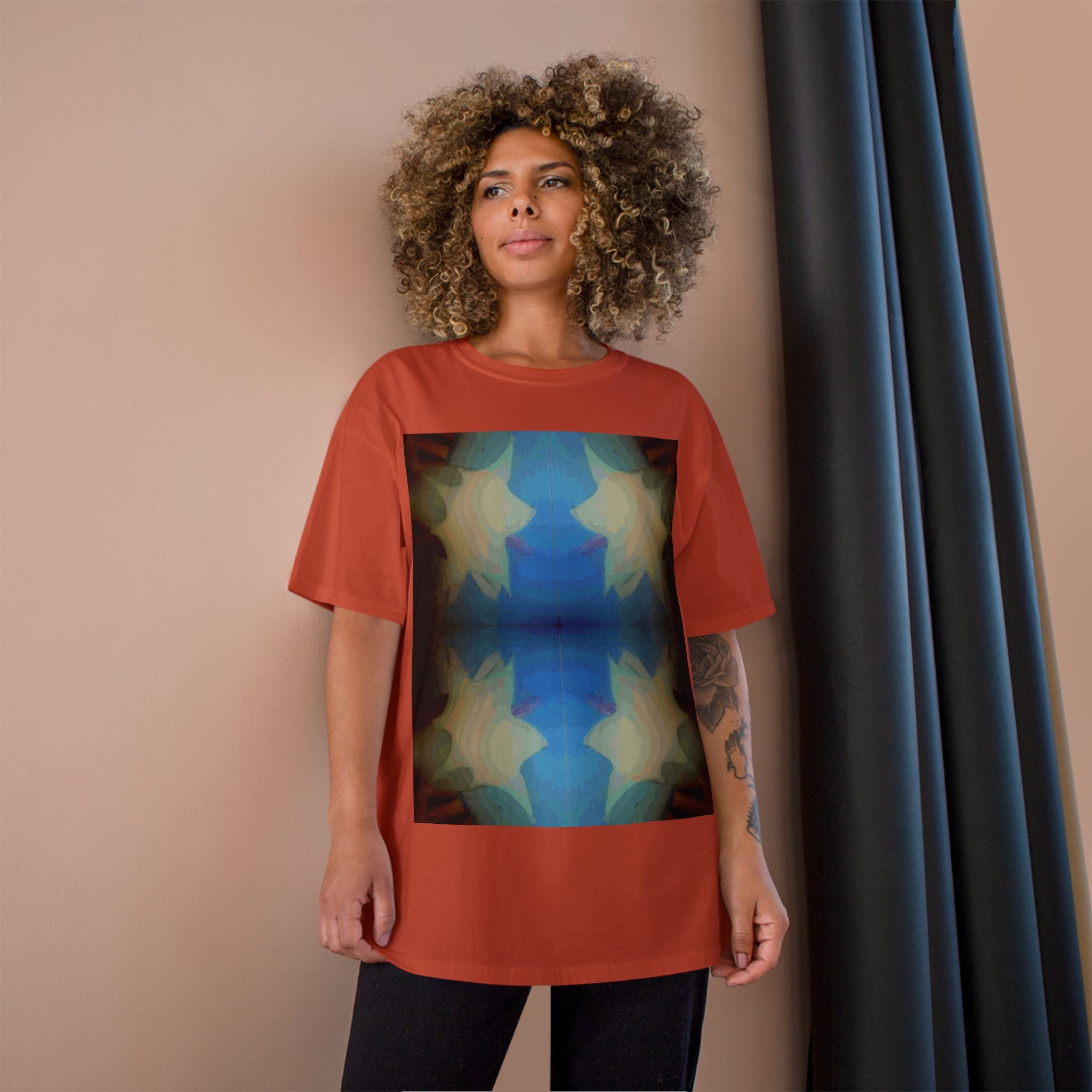 Abstract Blue Floral T-Shirt — Symmetrical Kaleidoscope Art Tee