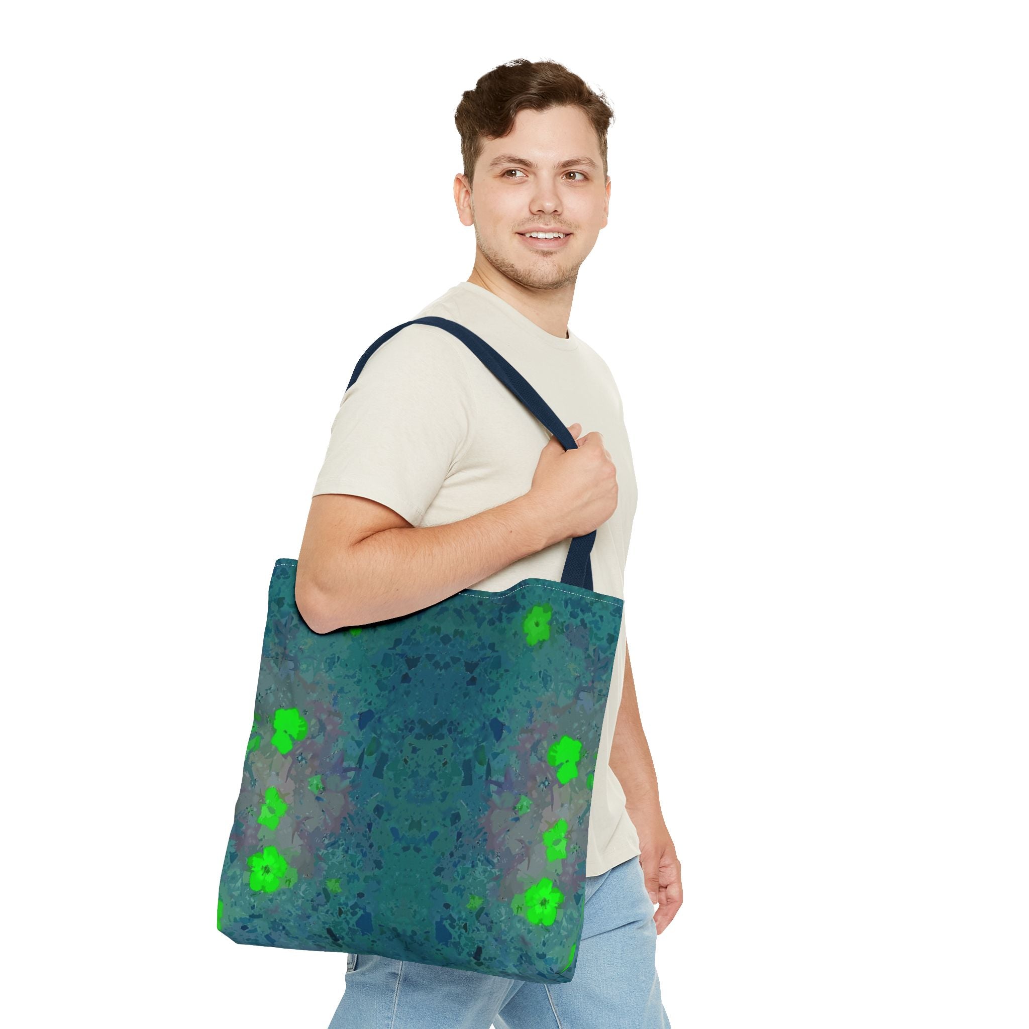 Teal Kaleidoscope Tote Bag — Abstract Green Floral All-Over Print