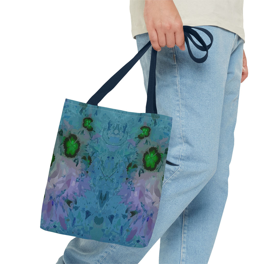Abstract Blue-Green Art Tote Bag – All-Over Print Floral Kaleidoscope