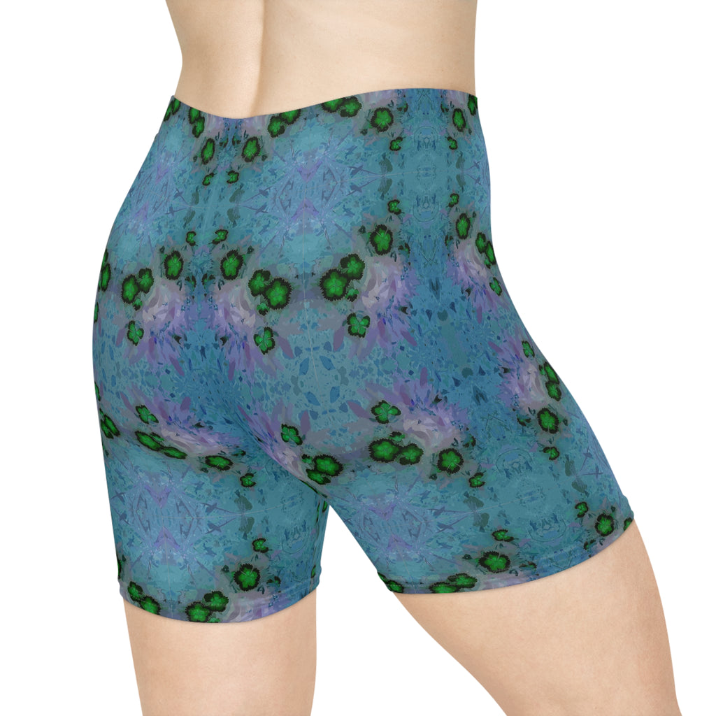 Blue Green Kaleidoscope Women's Biker Shorts — Abstract Floral Activewear