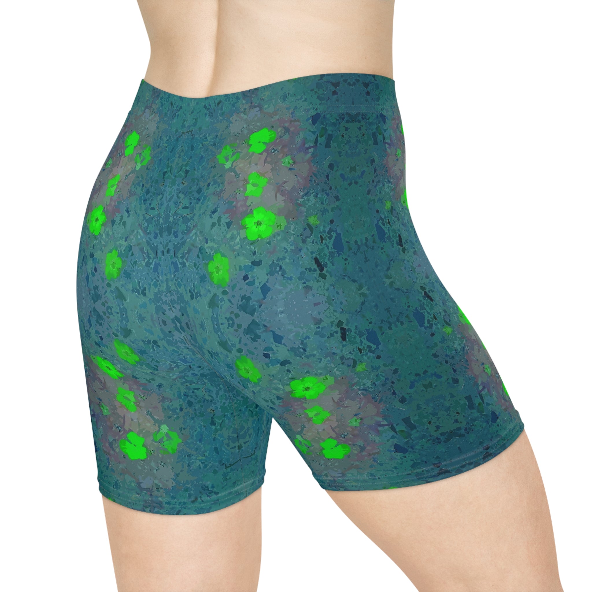 Floral Glow Biker Shorts — Green Neon Flower Pattern