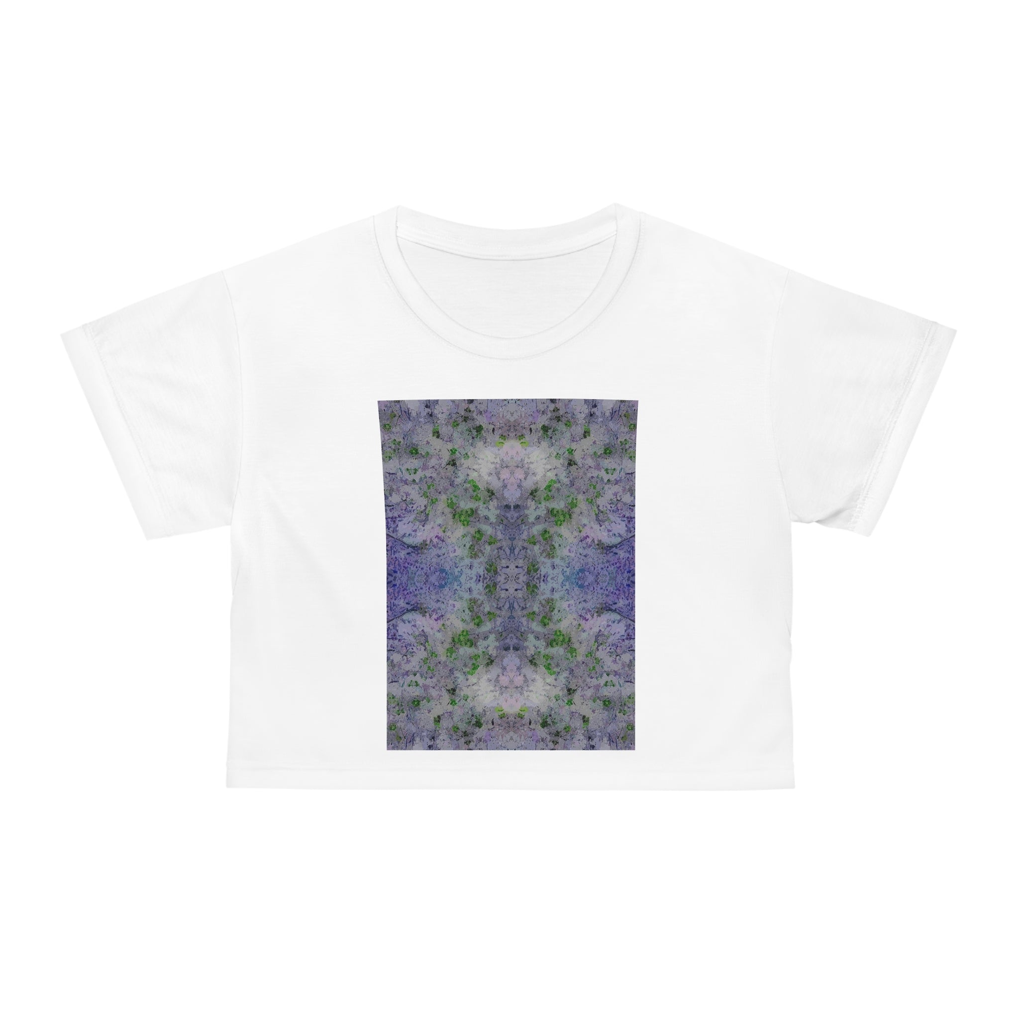 Floral Tie-Dye Crop Tee — Purple Green Abstract Garden Print