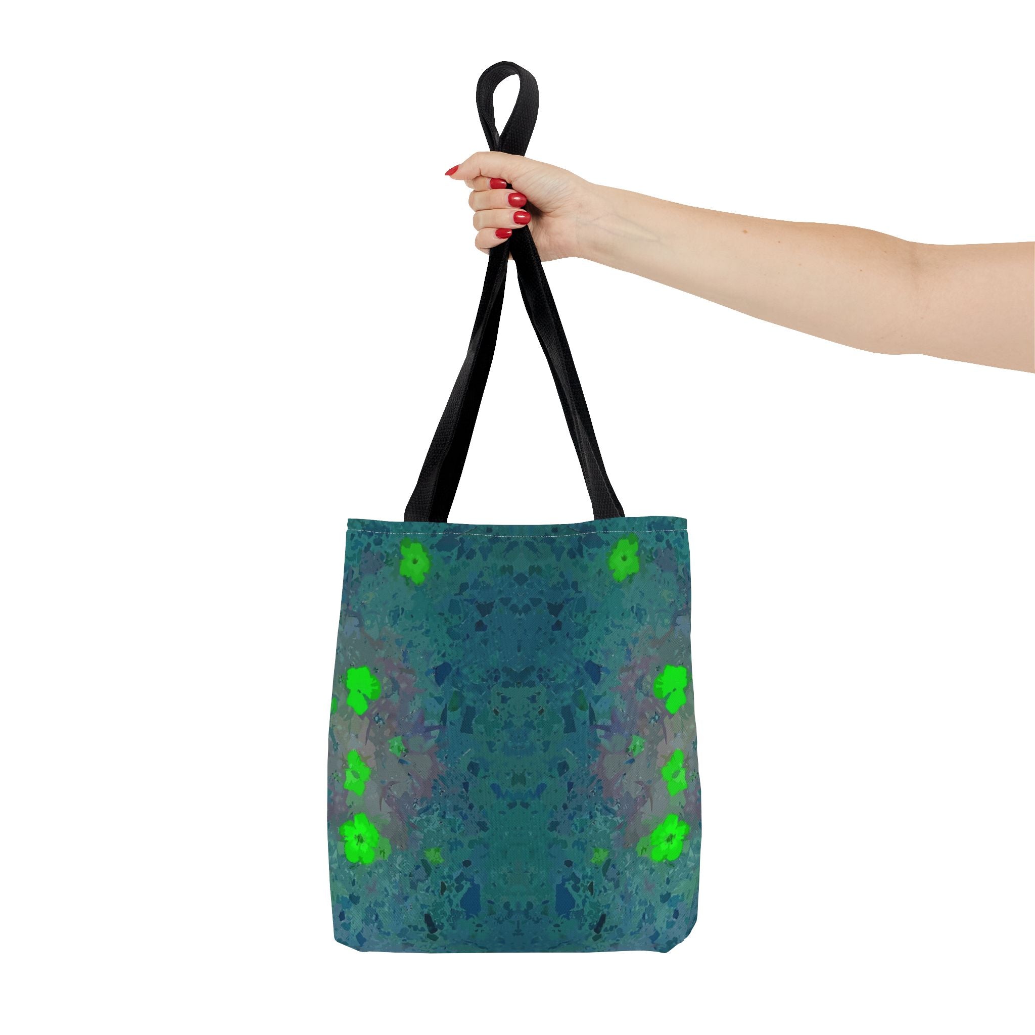 Teal Kaleidoscope Tote Bag — Abstract Green Floral All-Over Print