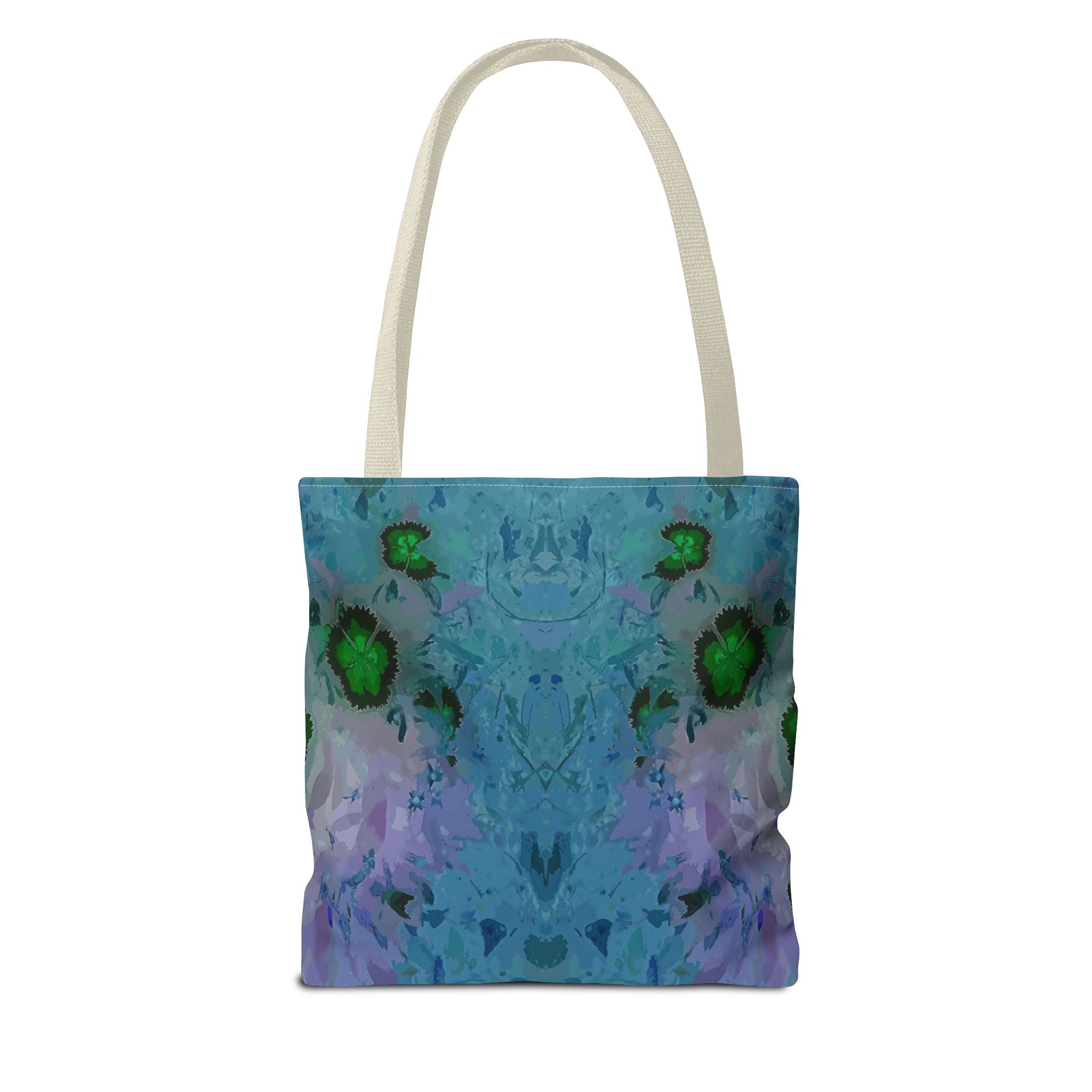 Abstract Blue-Green Art Tote Bag – All-Over Print Floral Kaleidoscope