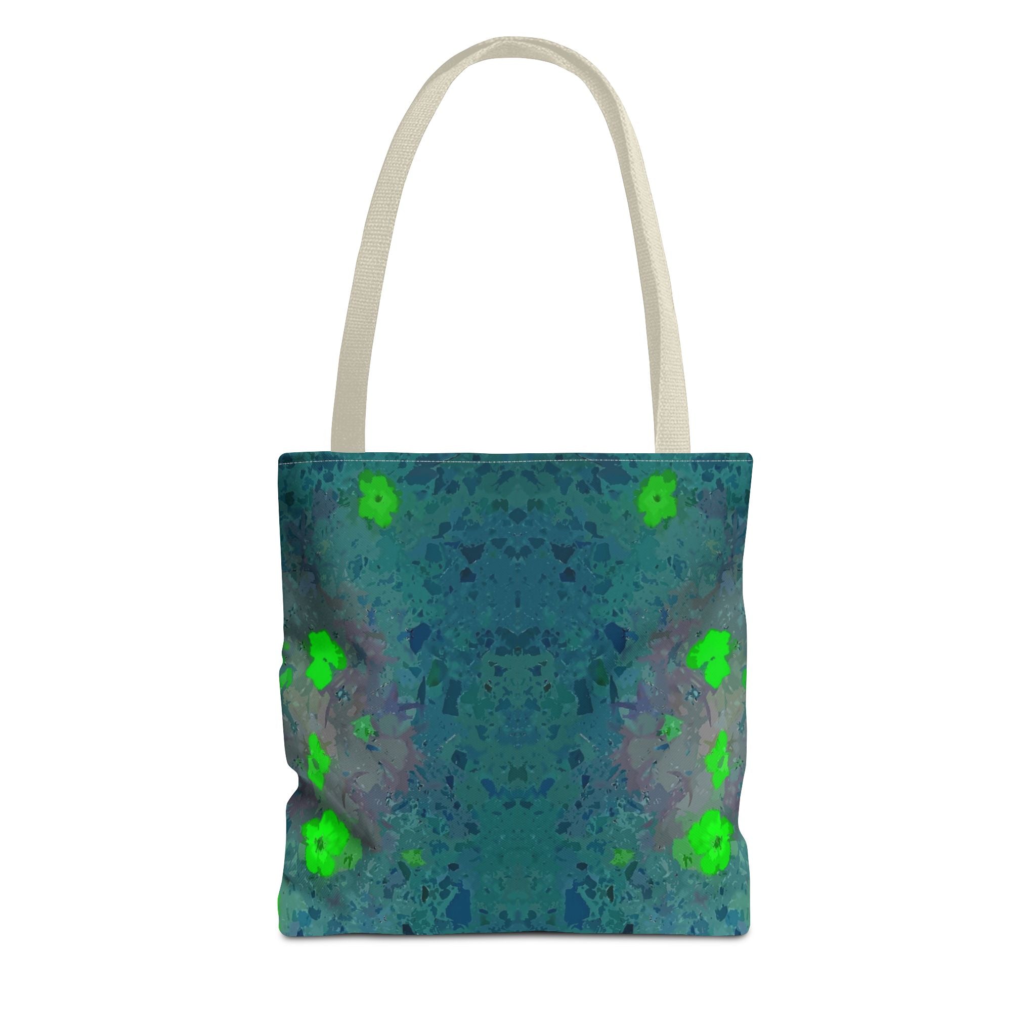 Teal Kaleidoscope Tote Bag — Abstract Green Floral All-Over Print