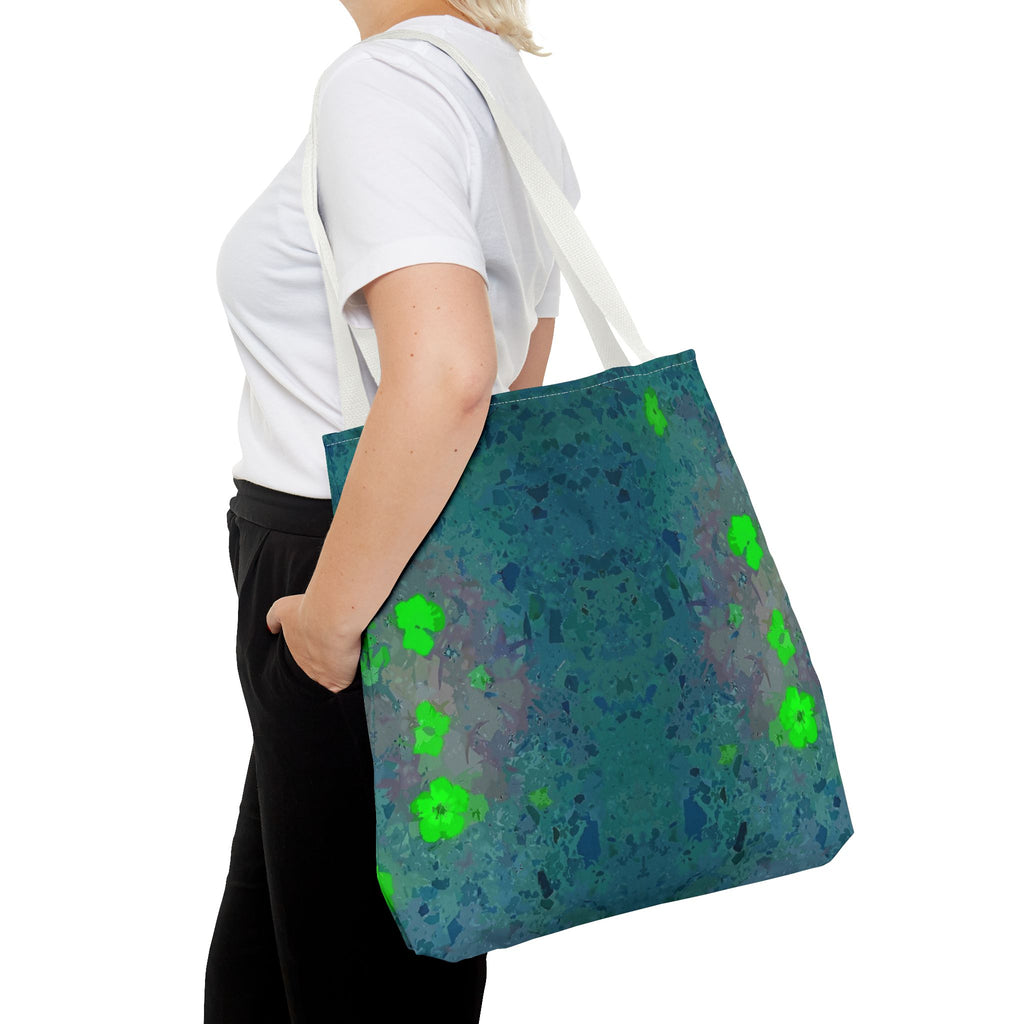 Teal Kaleidoscope Tote Bag — Abstract Green Floral All-Over Print