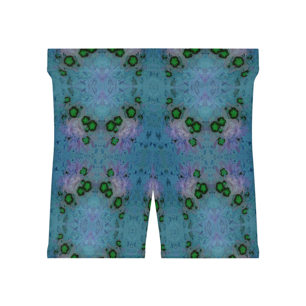 Blue Green Kaleidoscope Women's Biker Shorts — Abstract Floral Activewear