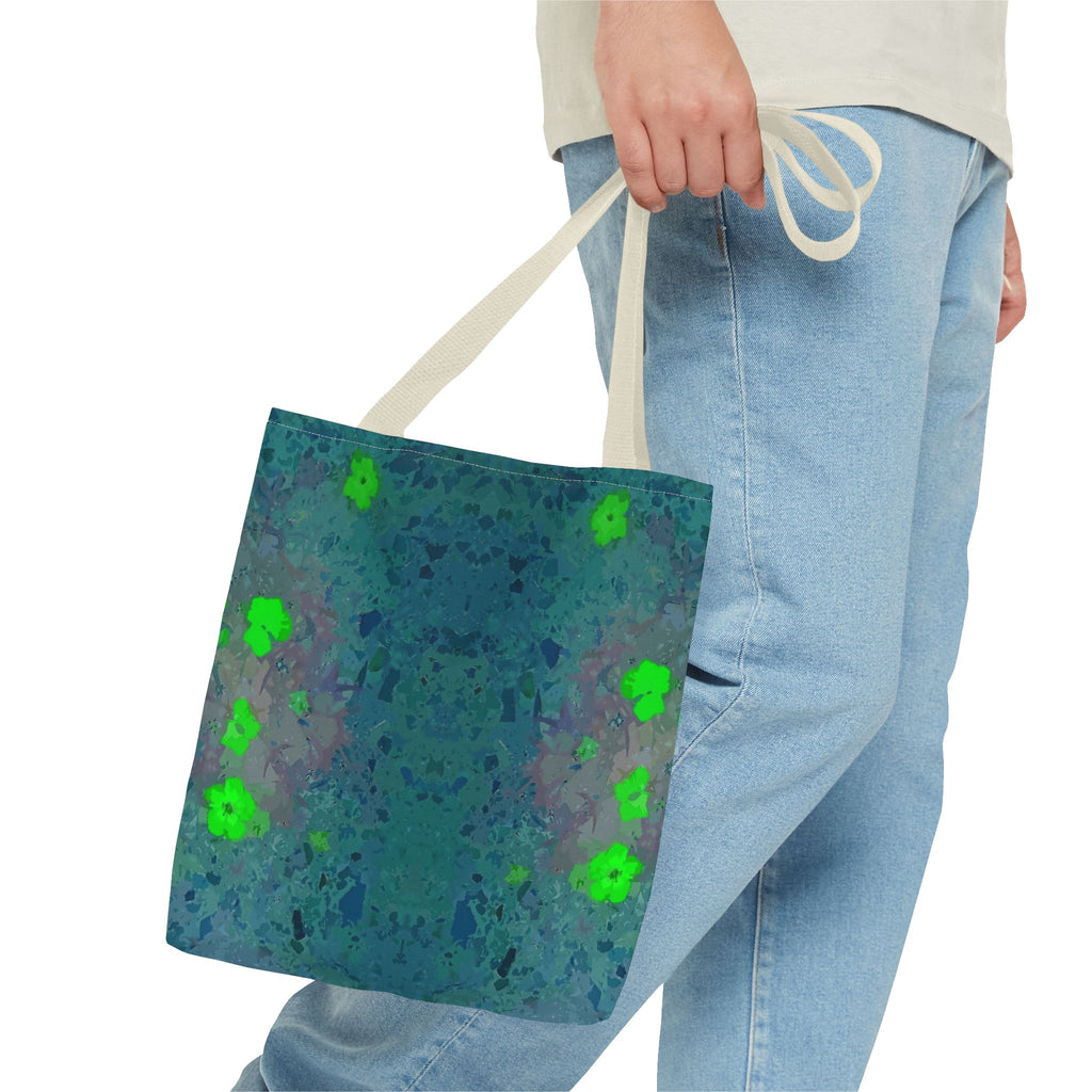 Teal Kaleidoscope Tote Bag — Abstract Green Floral All-Over Print