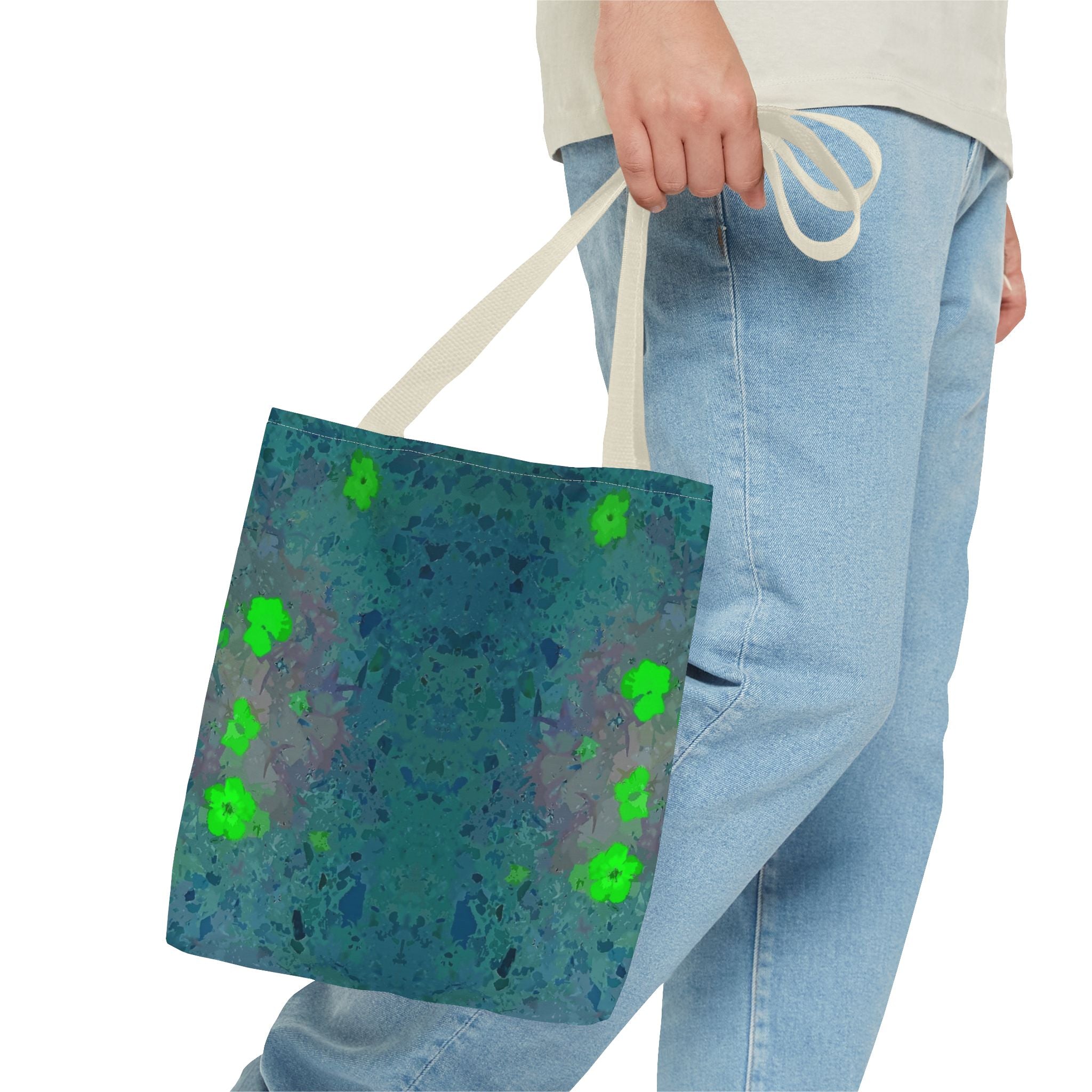 Teal Kaleidoscope Tote Bag — Abstract Green Floral All-Over Print