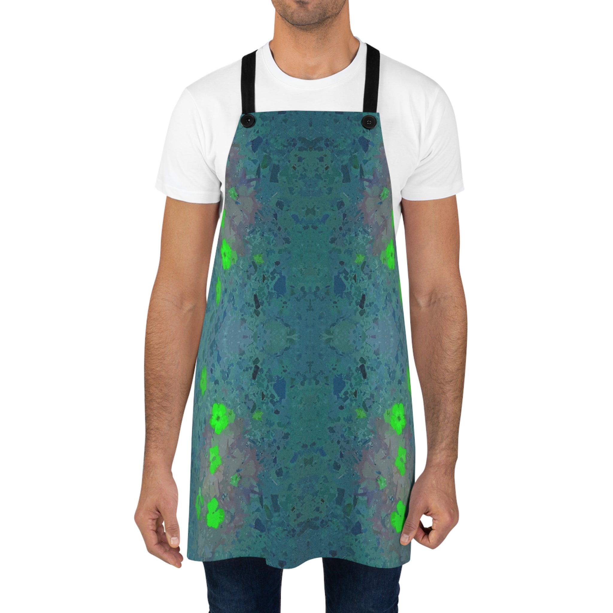 Floral Kaleidoscope Apron — Green Blue Watercolor Kitchen Apron