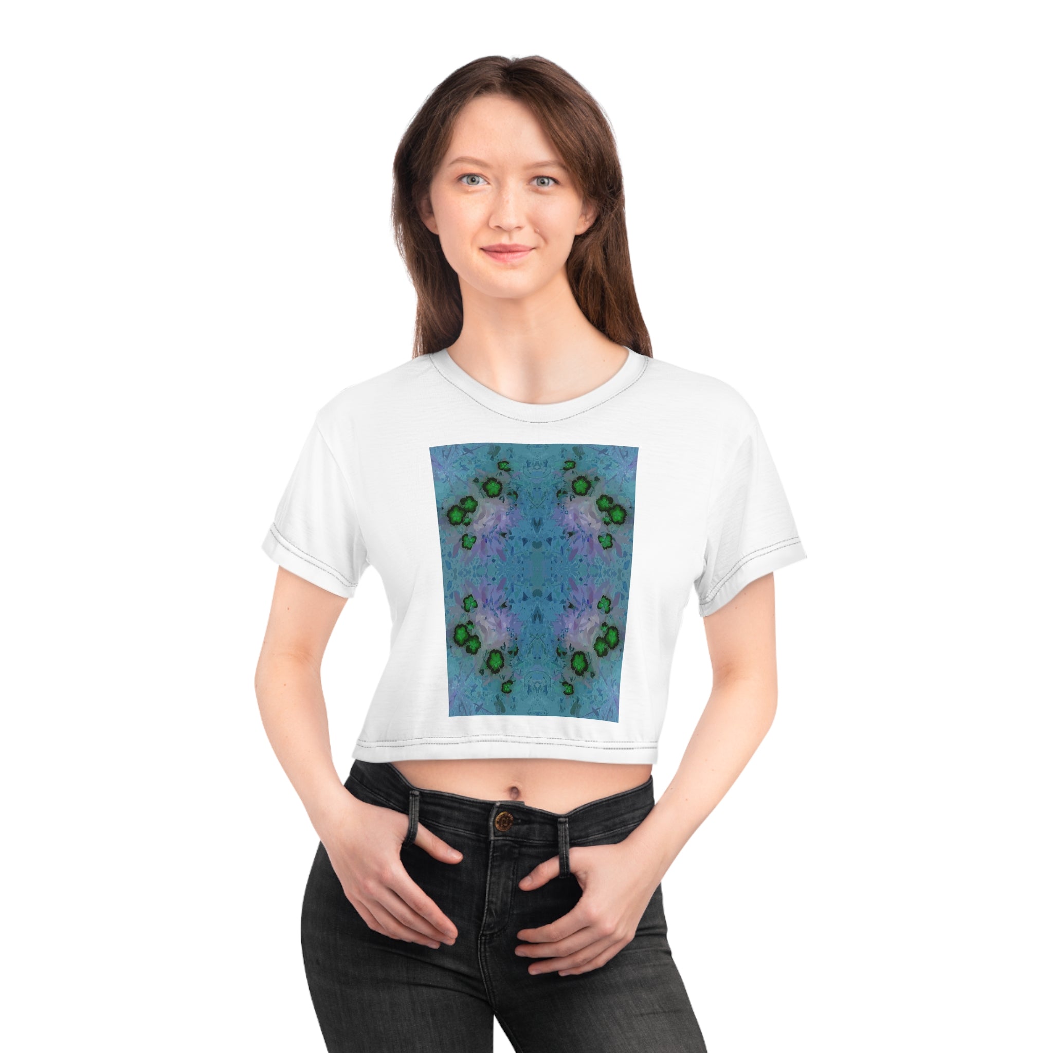 Blue Green Kaleidoscope Crop Tee — Floral Geometric Art Print