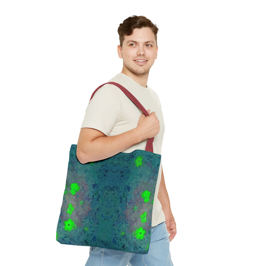 Teal Kaleidoscope Tote Bag — Abstract Green Floral All-Over Print