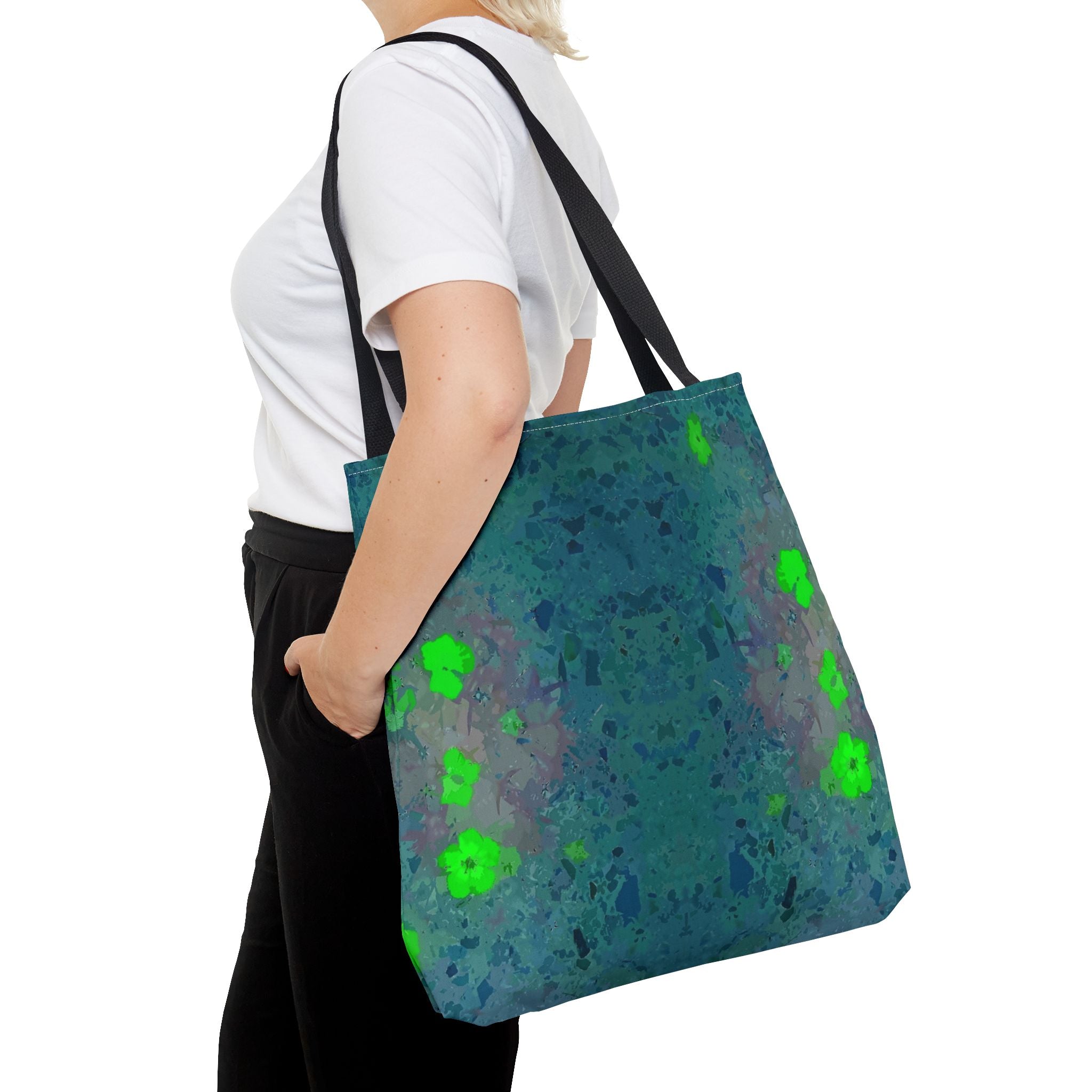 Teal Kaleidoscope Tote Bag — Abstract Green Floral All-Over Print