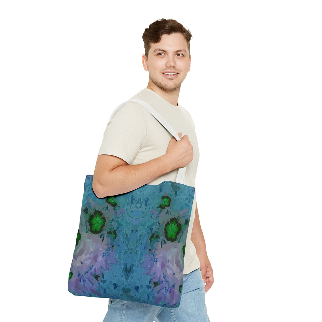 Abstract Blue-Green Art Tote Bag – All-Over Print Floral Kaleidoscope