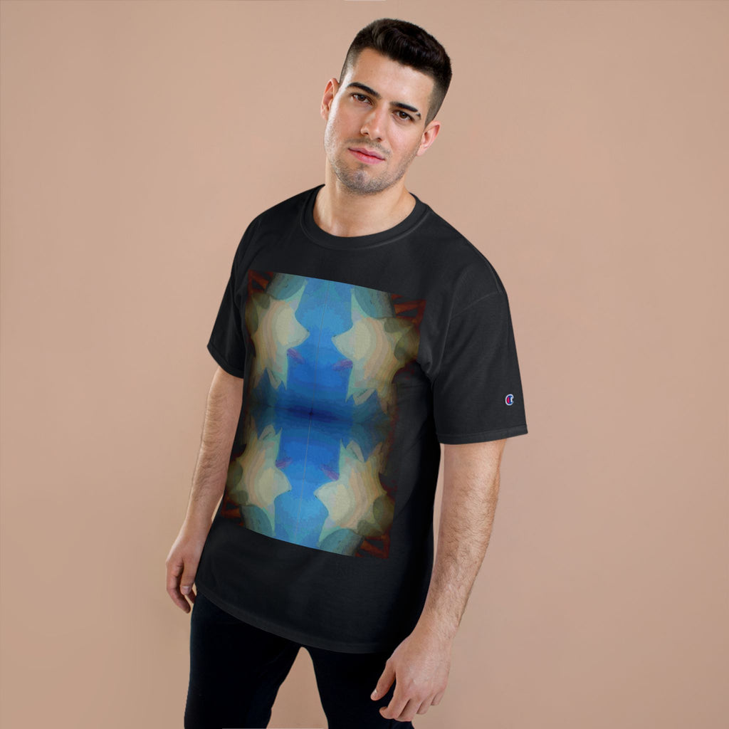 Abstract Blue Floral T-Shirt — Symmetrical Kaleidoscope Art Tee