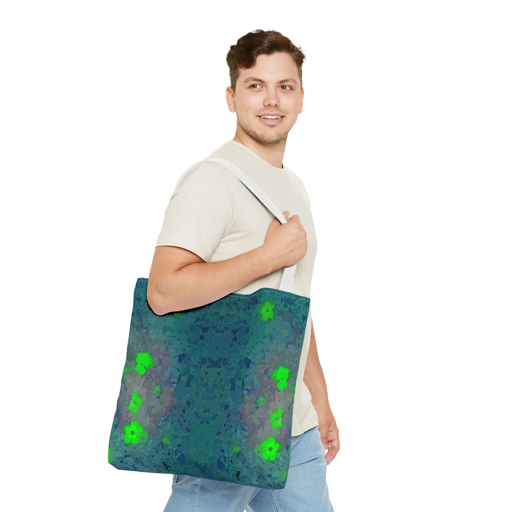 Teal Kaleidoscope Tote Bag — Abstract Green Floral All-Over Print