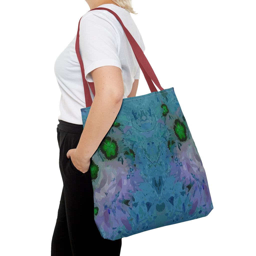 Abstract Blue-Green Art Tote Bag – All-Over Print Floral Kaleidoscope