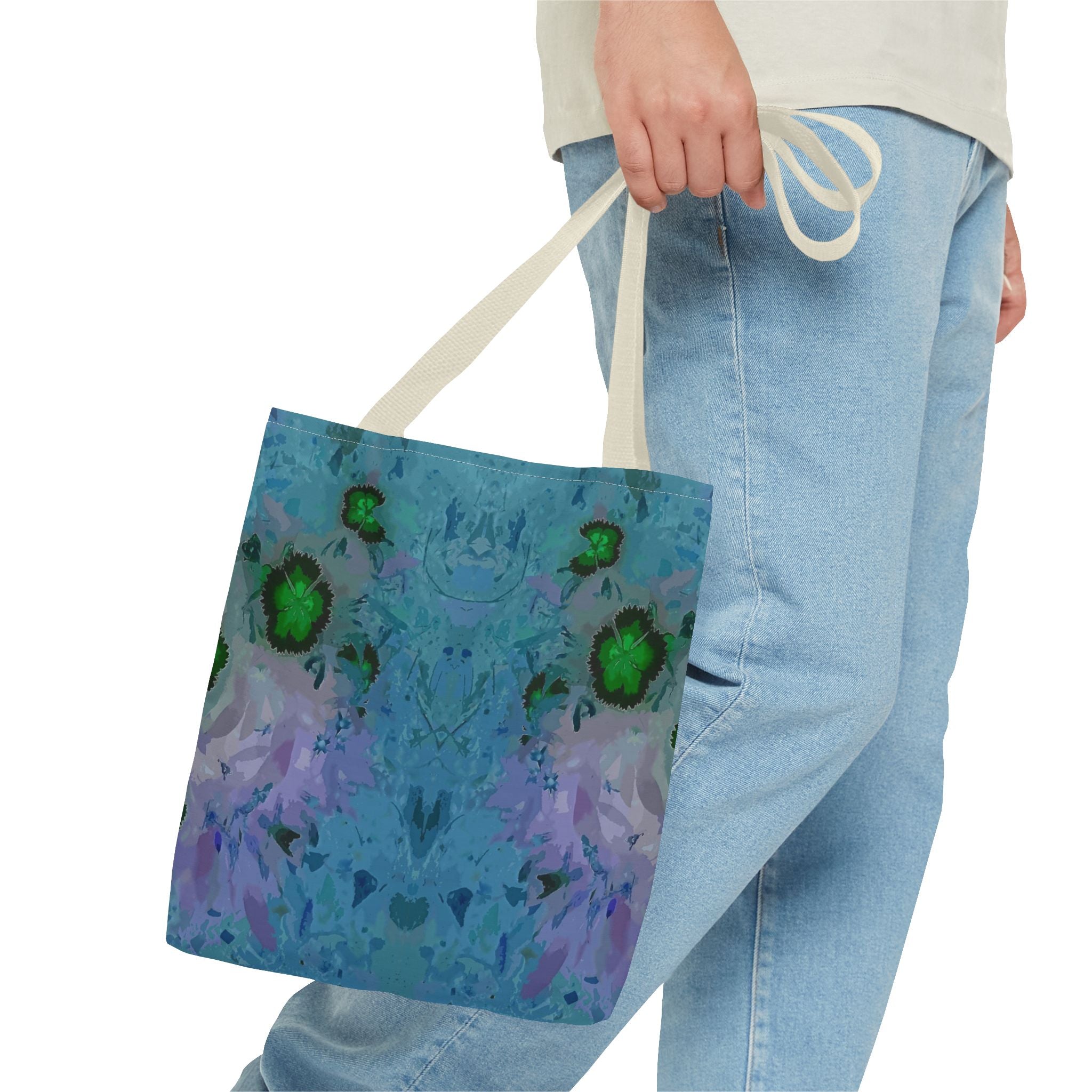 Abstract Blue-Green Art Tote Bag – All-Over Print Floral Kaleidoscope