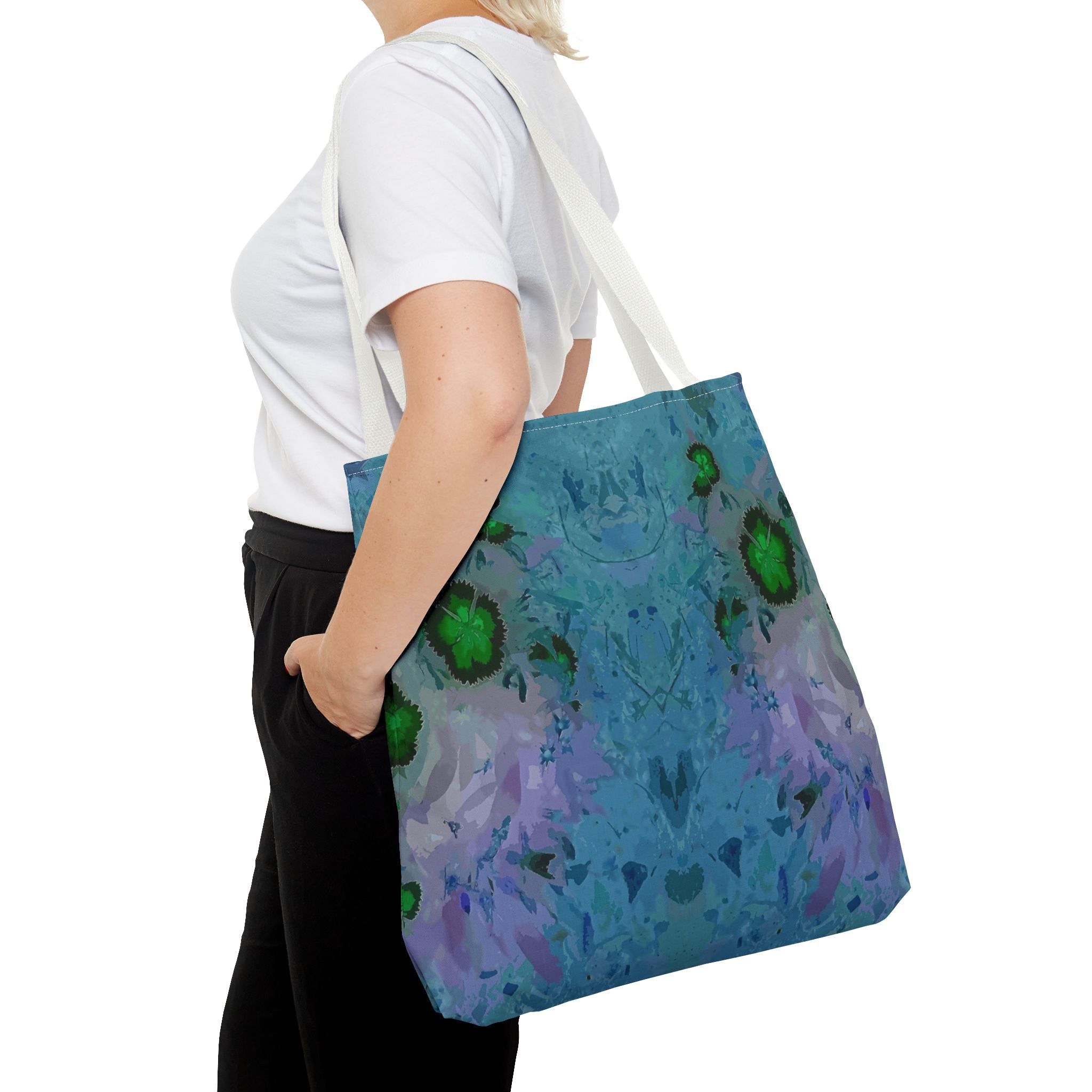 Abstract Blue-Green Art Tote Bag – All-Over Print Floral Kaleidoscope