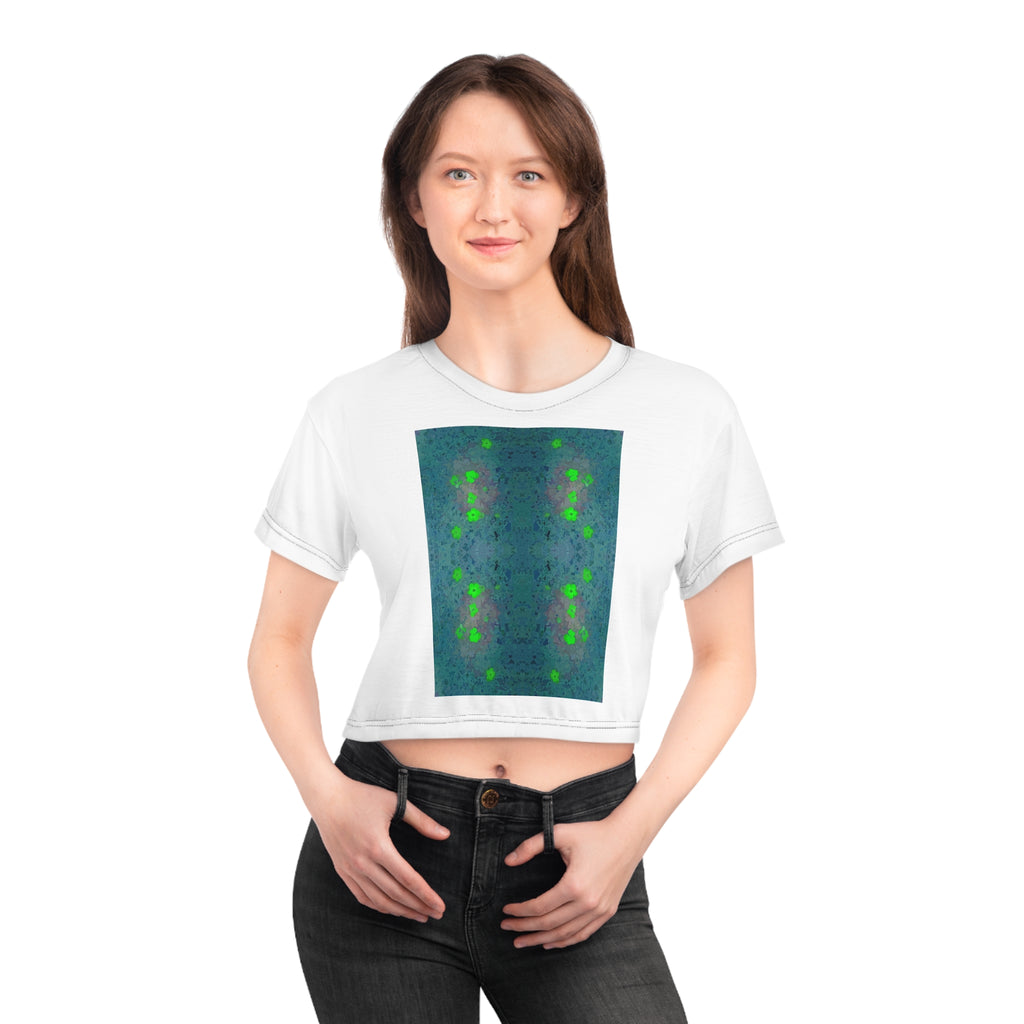 Green Mosaic Crop Tee — Symmetrical Floral Abstract Pattern