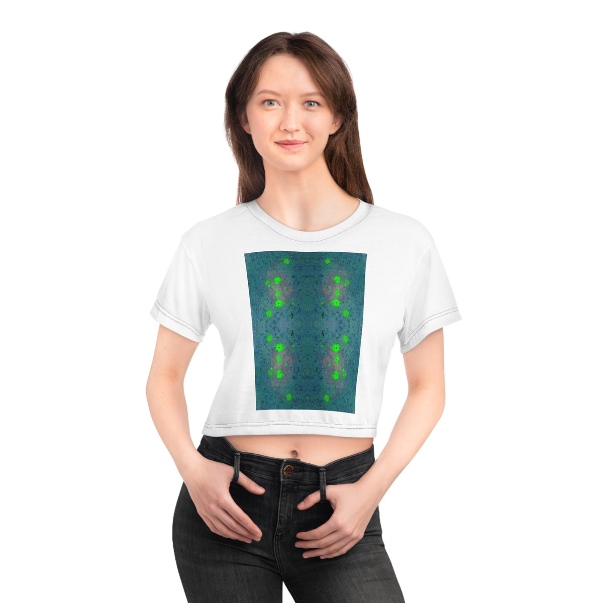 Green Mosaic Crop Tee — Symmetrical Floral Abstract Pattern
