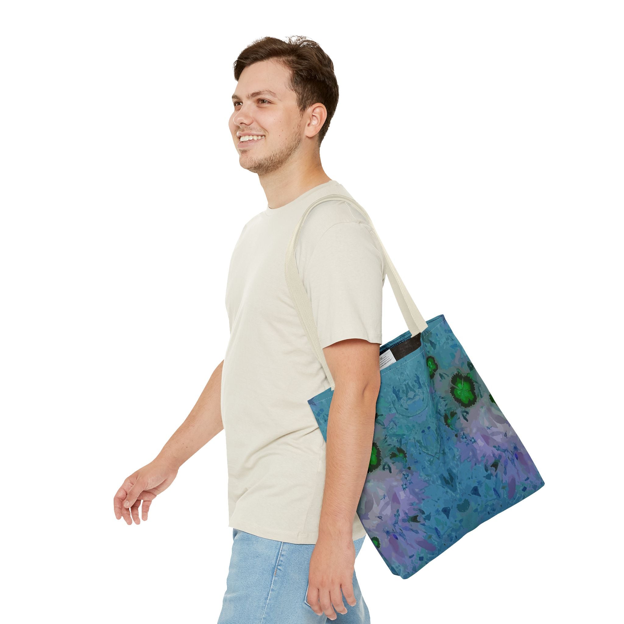Abstract Blue-Green Art Tote Bag – All-Over Print Floral Kaleidoscope