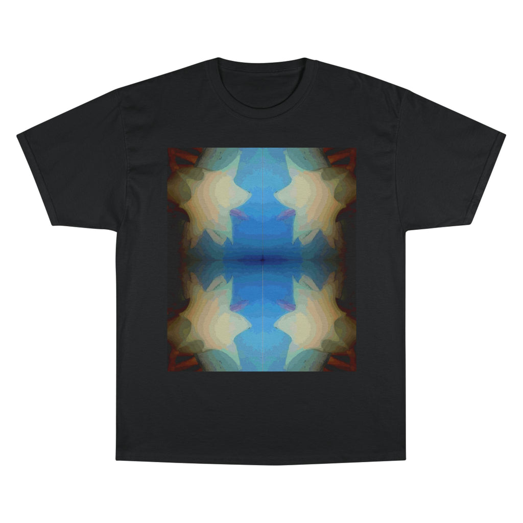 Abstract Blue Floral T-Shirt — Symmetrical Kaleidoscope Art Tee
