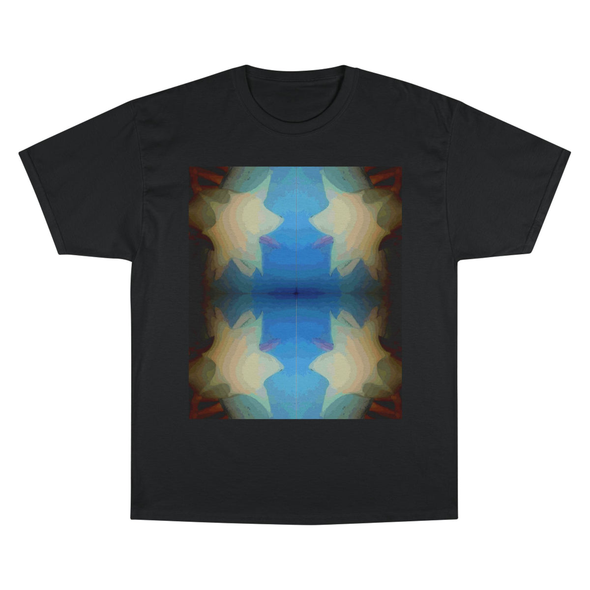 Abstract Blue Floral T-Shirt — Symmetrical Kaleidoscope Art Tee