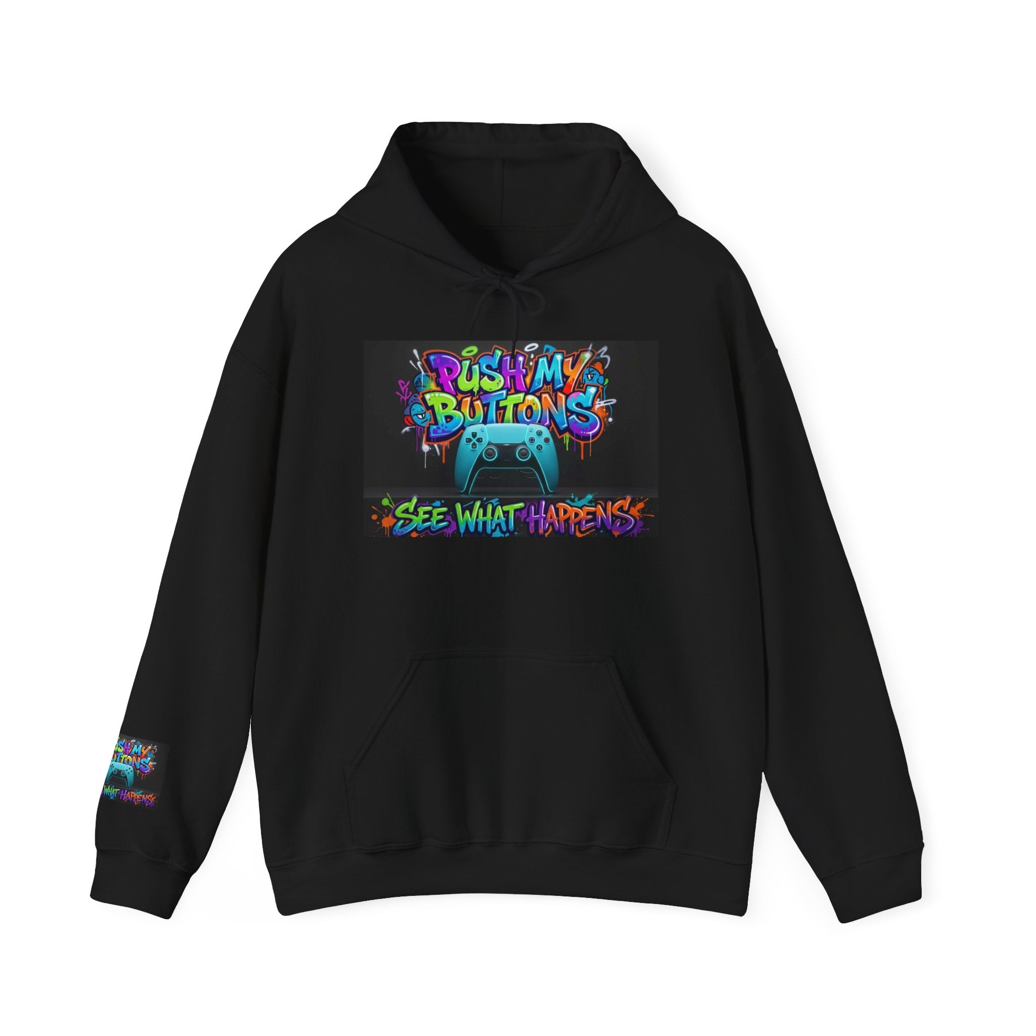 Gaming Hoodie — 'Push My Buttons' Colorful Controller Graphic
