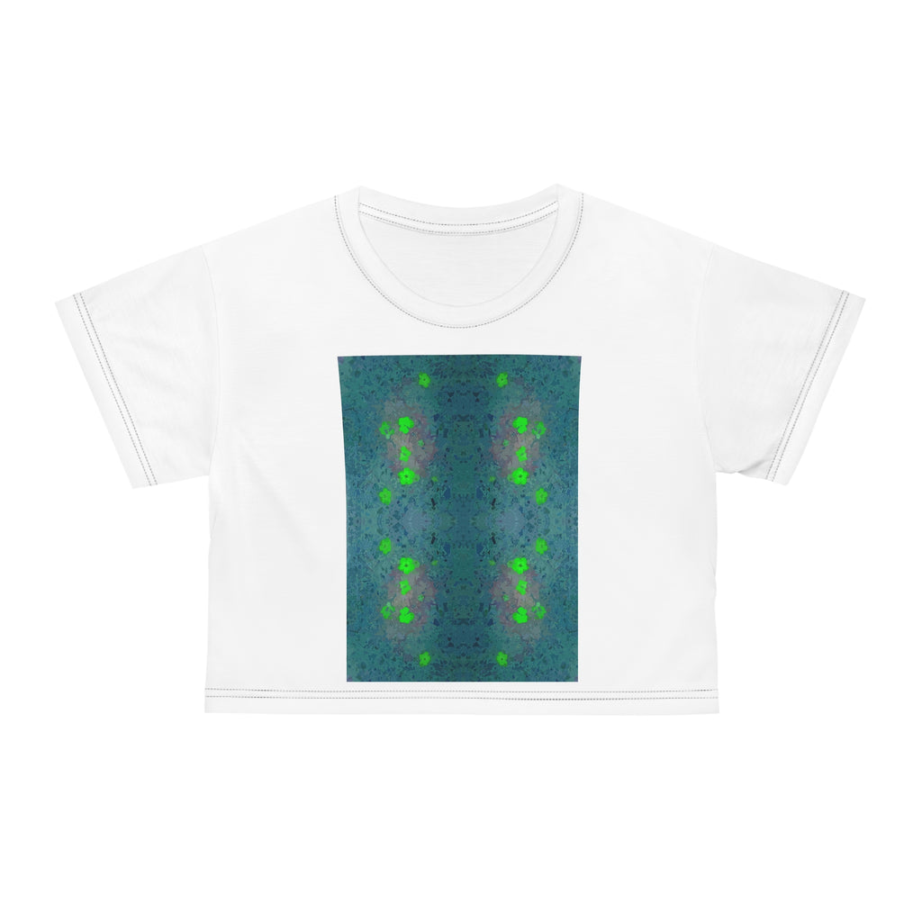 Green Mosaic Crop Tee — Symmetrical Floral Abstract Pattern