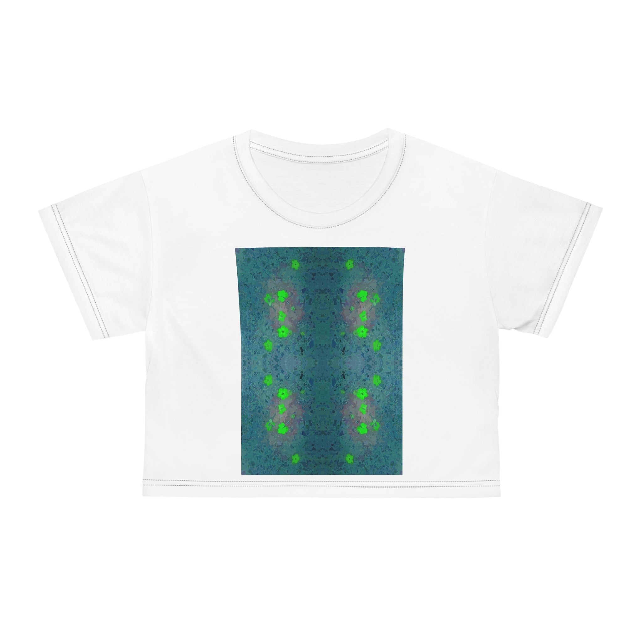 Green Mosaic Crop Tee — Symmetrical Floral Abstract Pattern