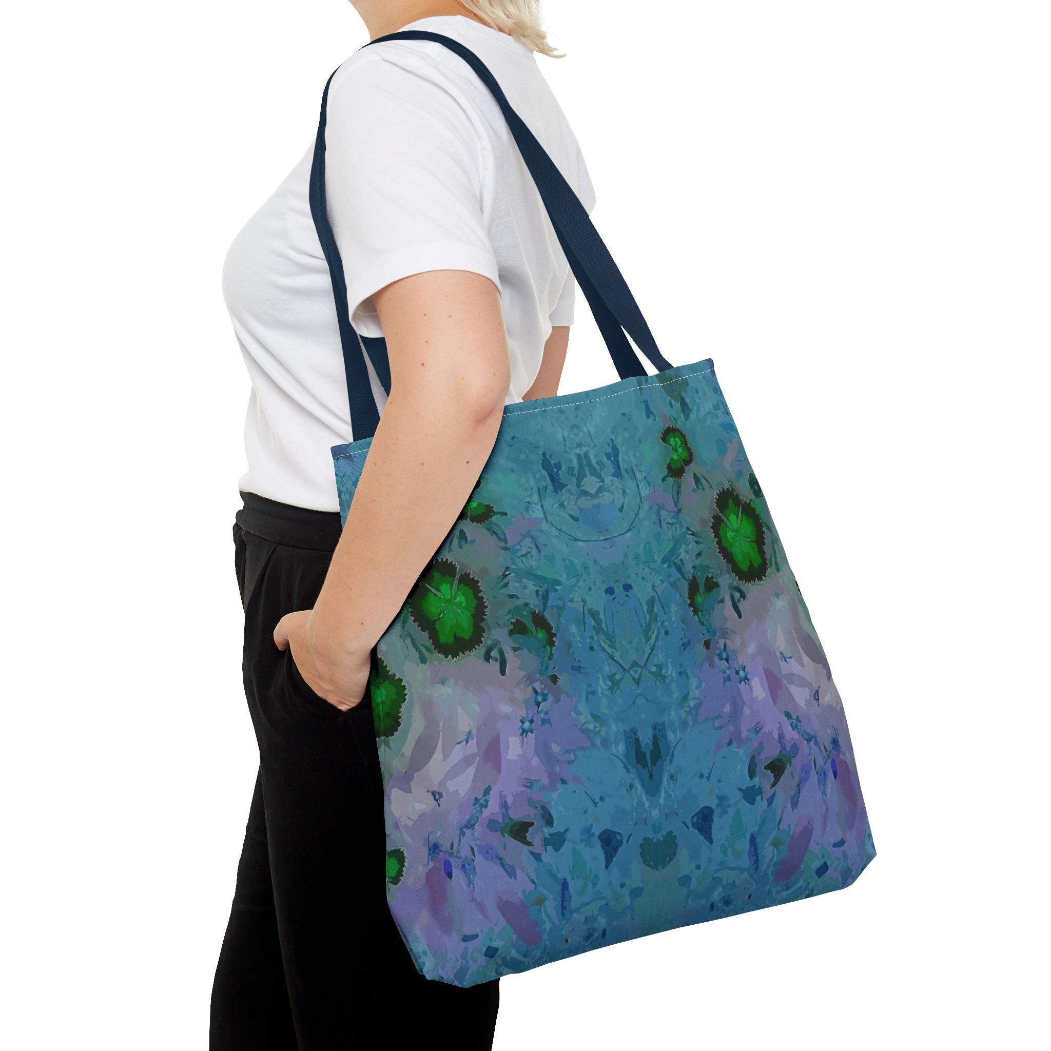 Abstract Blue-Green Art Tote Bag – All-Over Print Floral Kaleidoscope