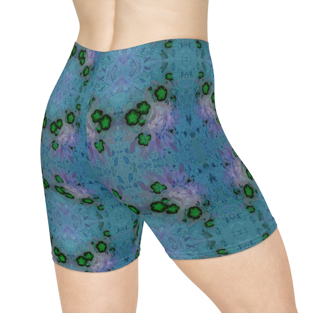 Blue Green Kaleidoscope Women's Biker Shorts — Abstract Floral Activewear