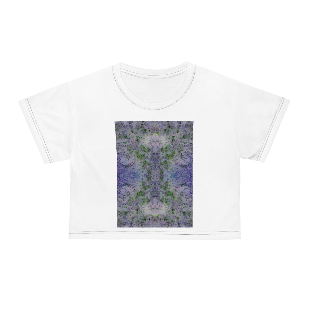 Floral Tie-Dye Crop Tee — Purple Green Abstract Garden Print