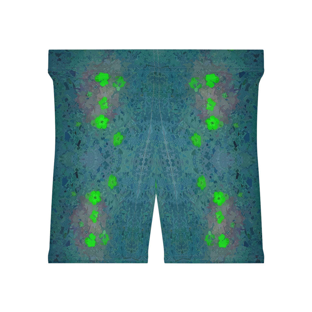 Floral Glow Biker Shorts — Green Neon Flower Pattern