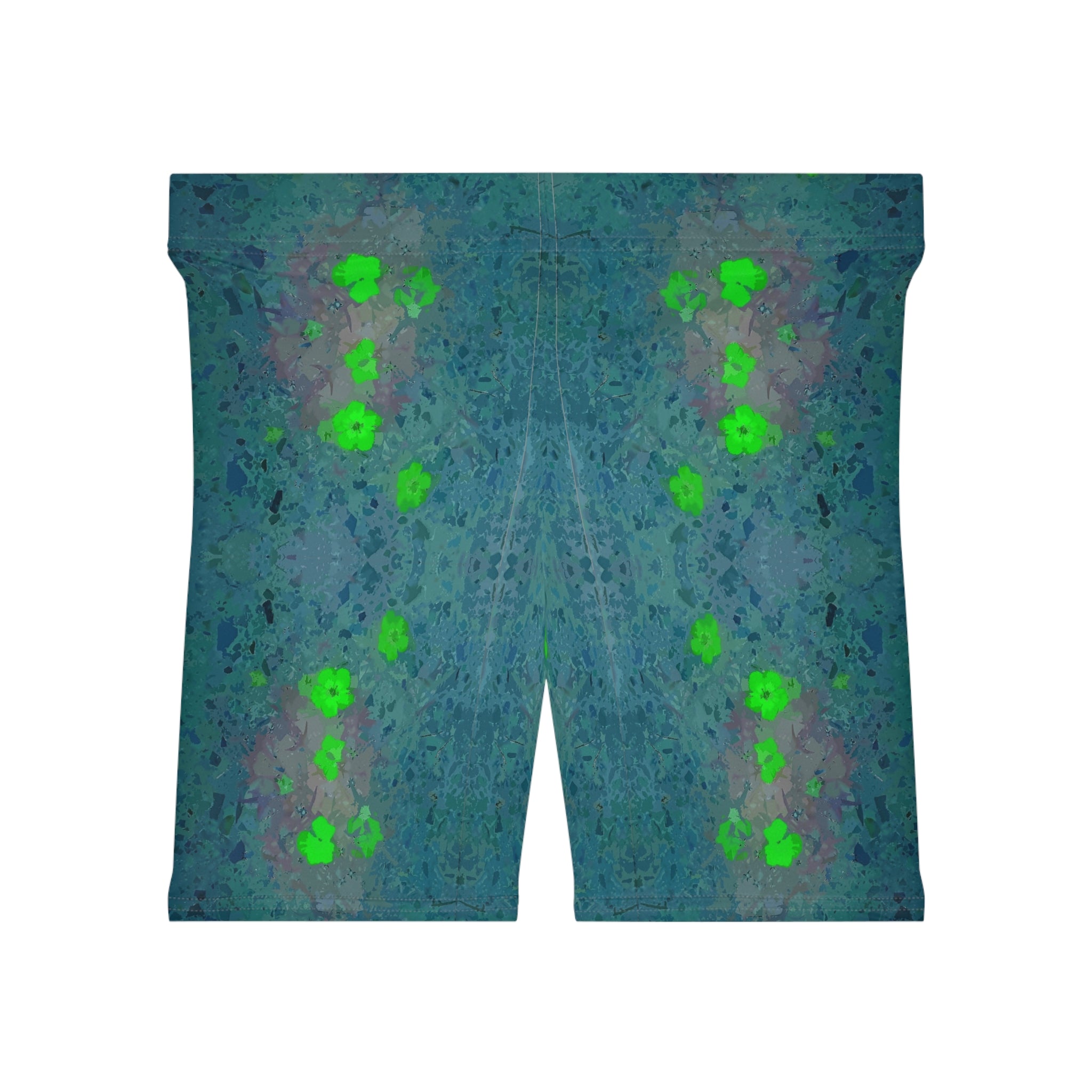 Floral Glow Biker Shorts — Green Neon Flower Pattern
